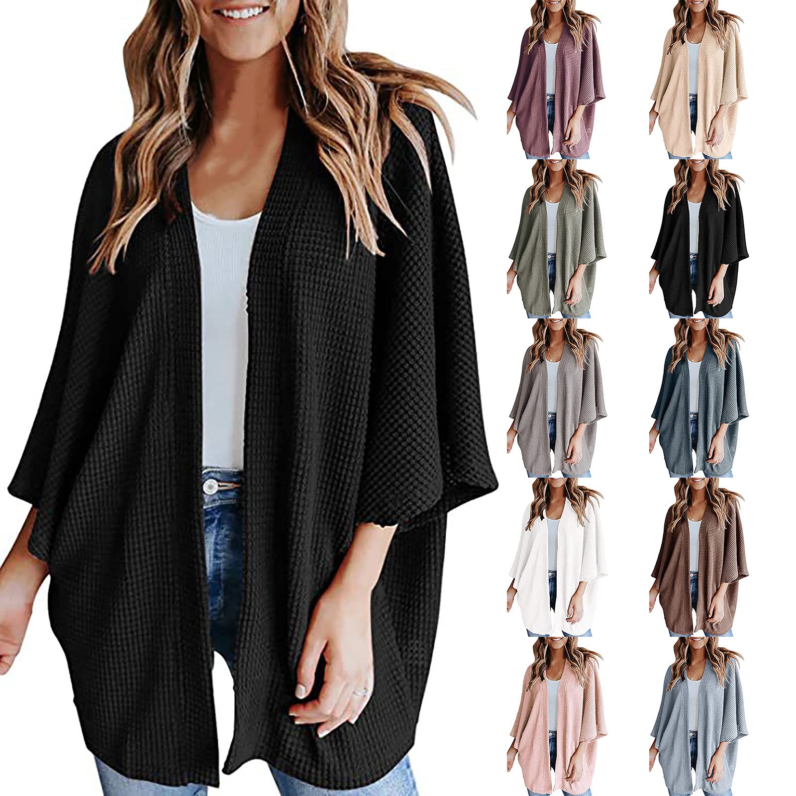Women's Long Waffle Knit Cardigan Sweater - Lightweight Open Front Batwing Sleeve Shrug - Casual Cover Up for Fall, Winter & Spring - Perfect for Office, Travel & Lounge Wear