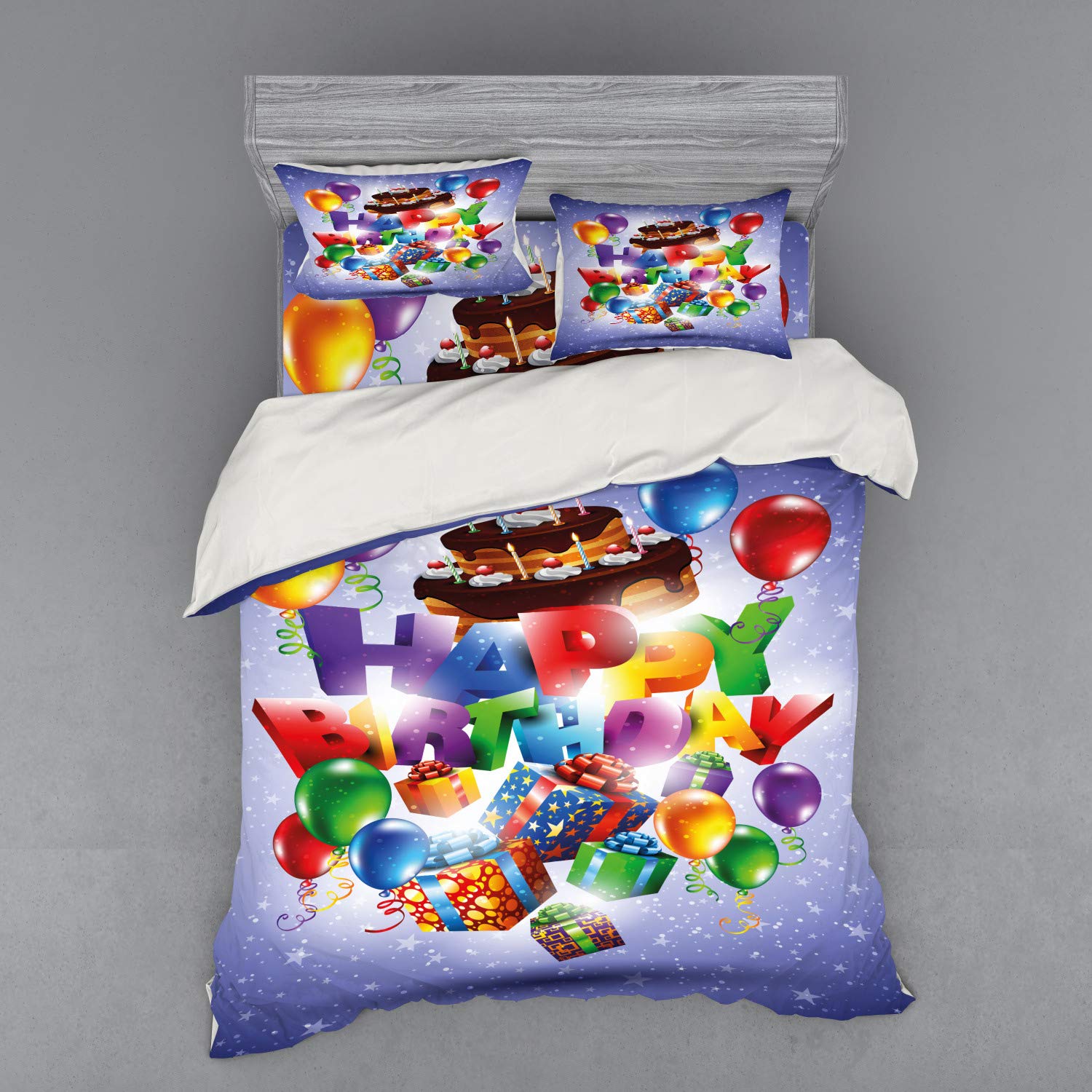 Ambesonne Birthday Duvet Cover Set - Fun Balloons, Ribbons & Cake Print 4-Piece Queen Size Bedding with Shams & Fitted Sheet | Perfect for Birthday Parties, Kids Rooms & Festive Home Decor