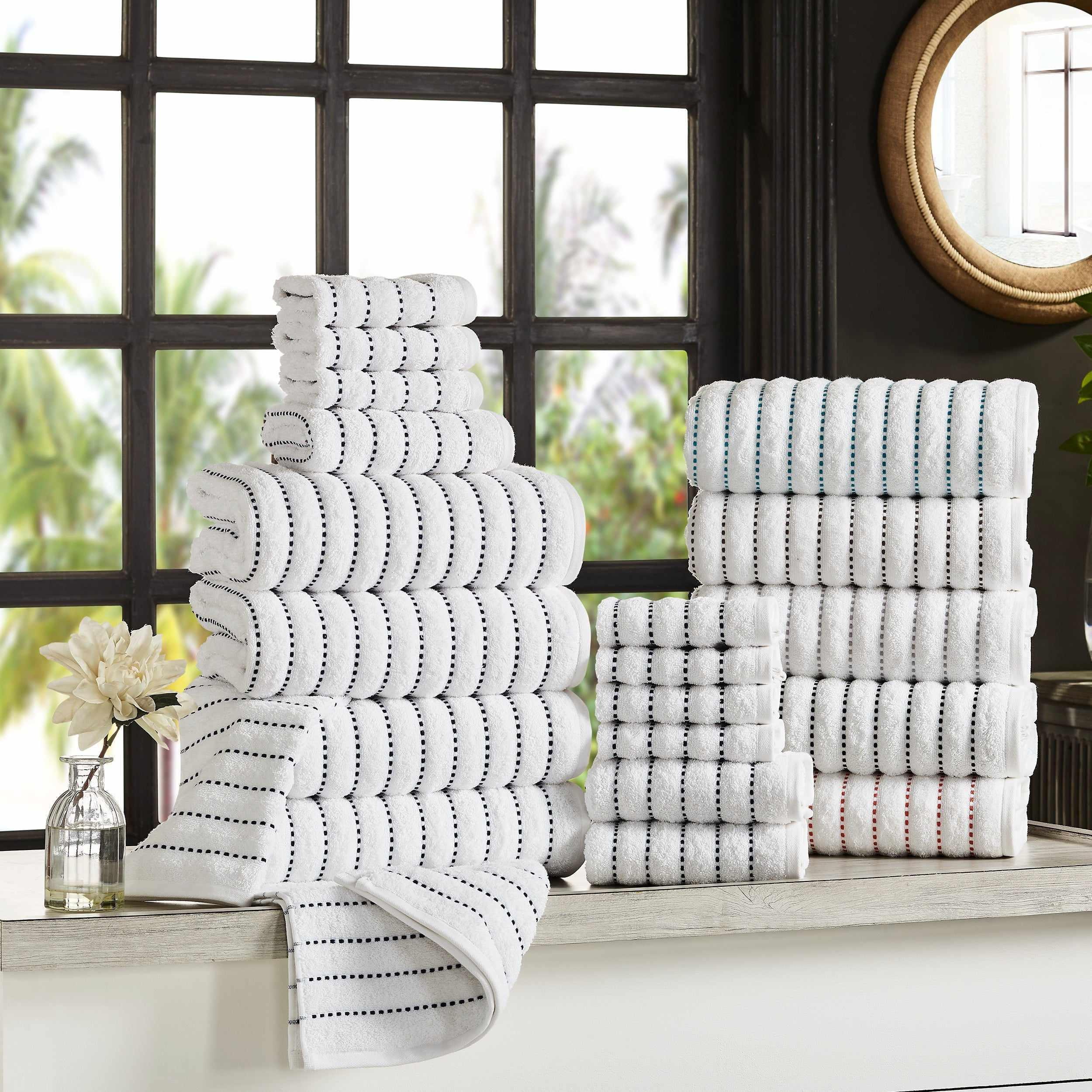 Organic Cotton Wave Plush Striped 16-Piece Bath Towel Set - Soft & Absorbent for Spa, Beach & Luxury Home Use