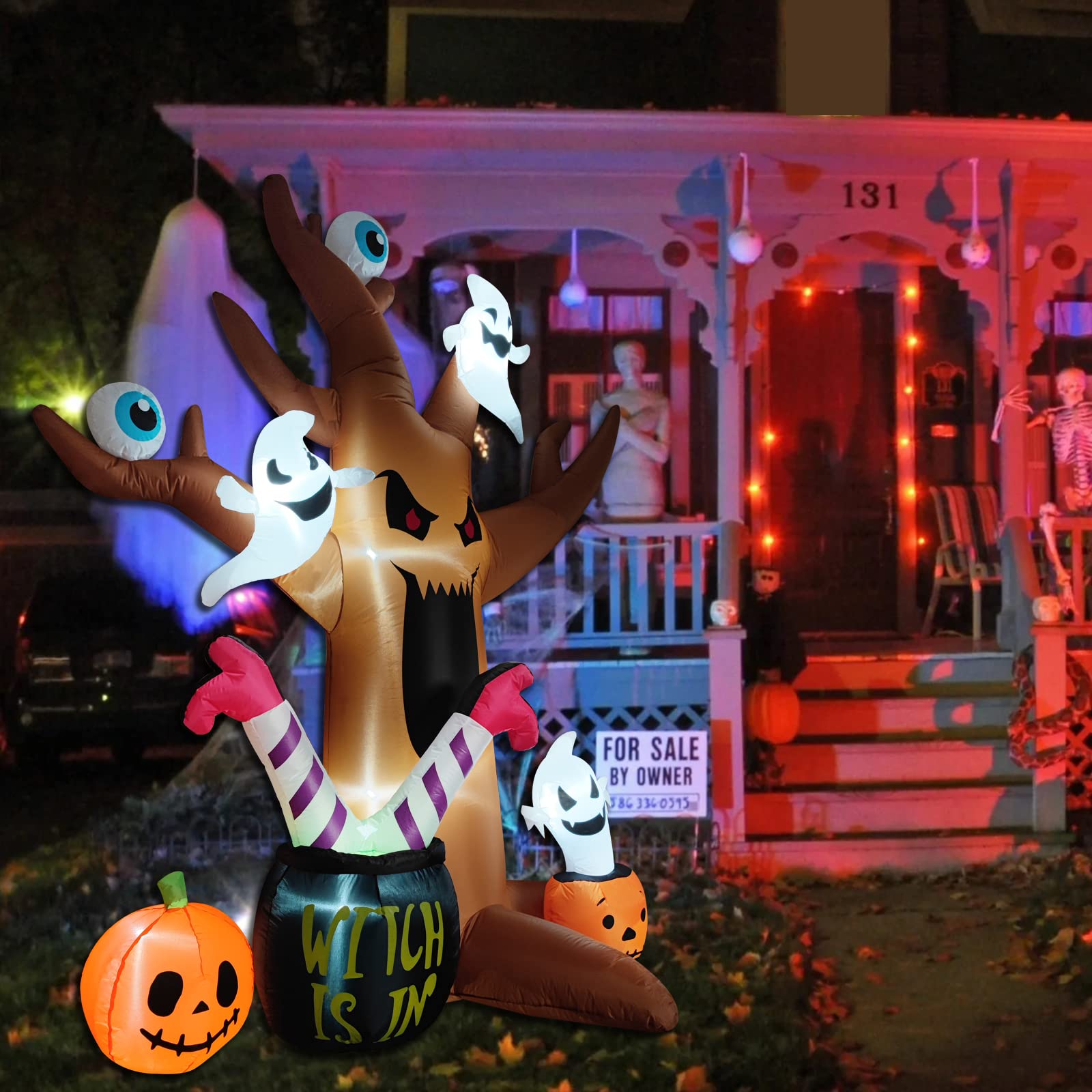 8 Ft Halloween Inflatable Outdoor Decor - Spooky Blow-Up Tree with Ghosts, Eyeballs, Pumpkins, Cauldron & Witch Legs - LED Lighted Lawn Decoration for Halloween Party, Yard & Garden Decor