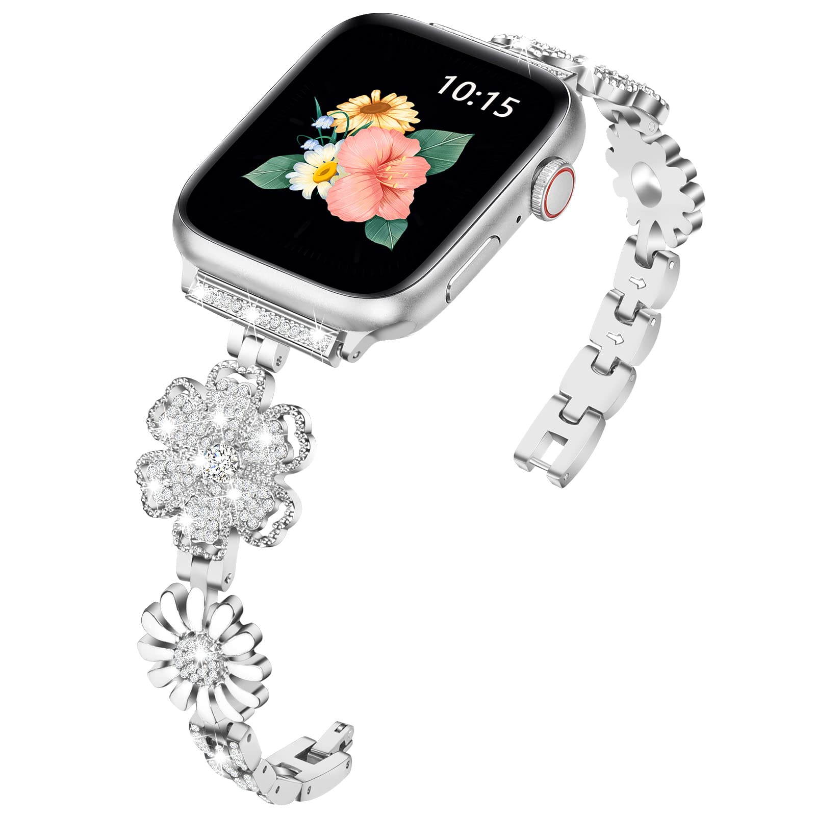 Sparkling Flower Bracelet for Apple Watch SE 40mm/41mm & Series 7/6/5/4/3/2/1 - Luxury Stainless Steel Metal Band with Glittering Floral Design - Perfect for Women & Girls - Ideal for Parties, Weddings & Everyday Fashion Accessories