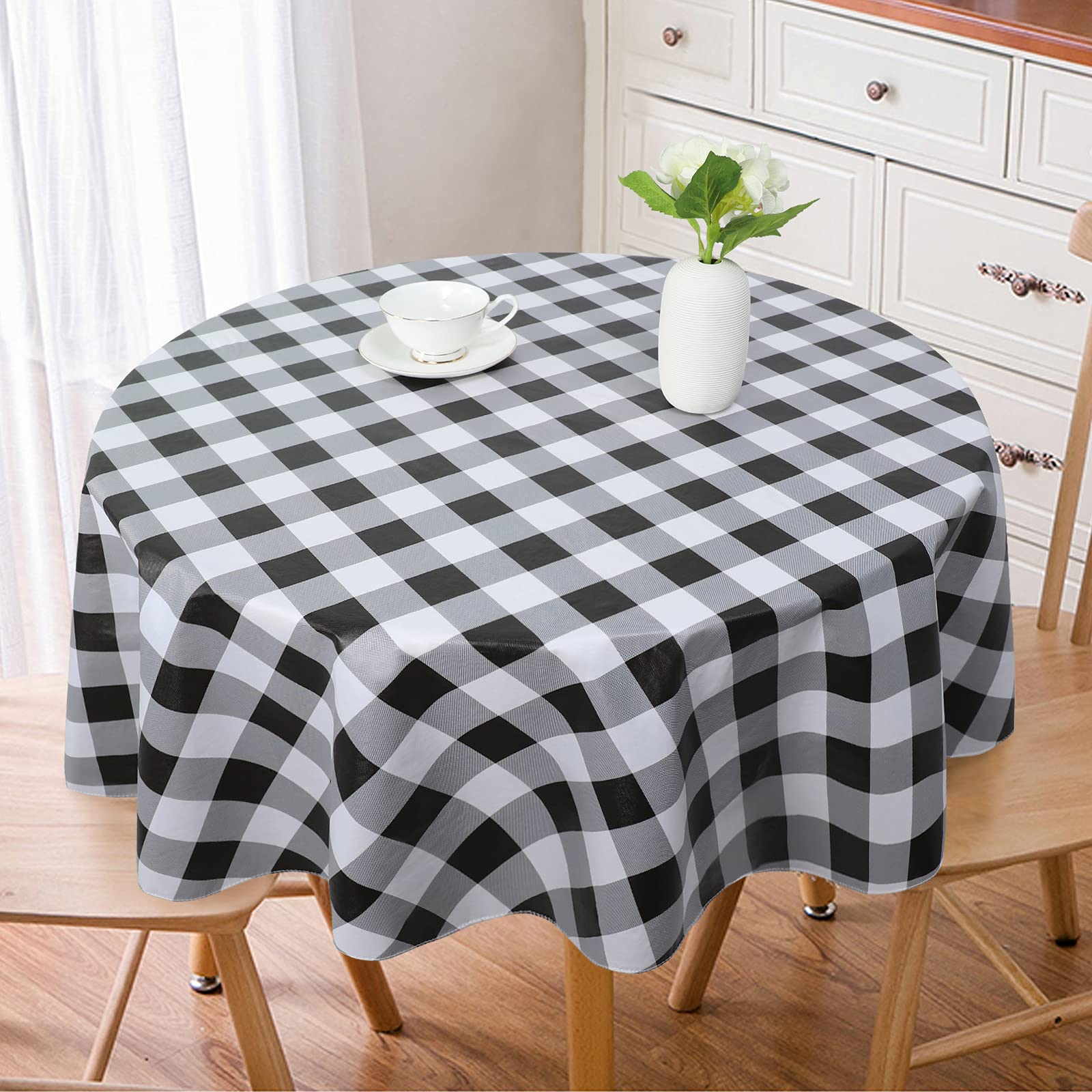 Vonabem 100% Waterproof Round PVC Tablecloth - Checkered Vinyl Table Cover, Oil & Spill Proof, Easy to Clean - Perfect for Indoor & Outdoor Dining, Picnics, BBQs (Black, 60 Inch Round)