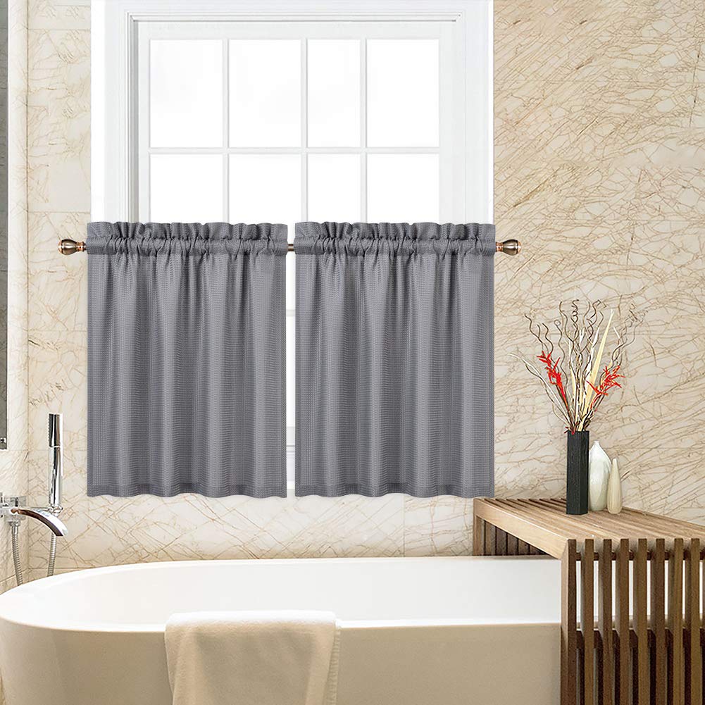CAROMIO Grey Waffle Woven Kitchen Curtains - 30 Inch Textured Short Tier Window Treatment for Bathroom, Cafe & Farmhouse Style Decor | Perfect for Kitchen Windows, Small Bathrooms & Coffee Shops