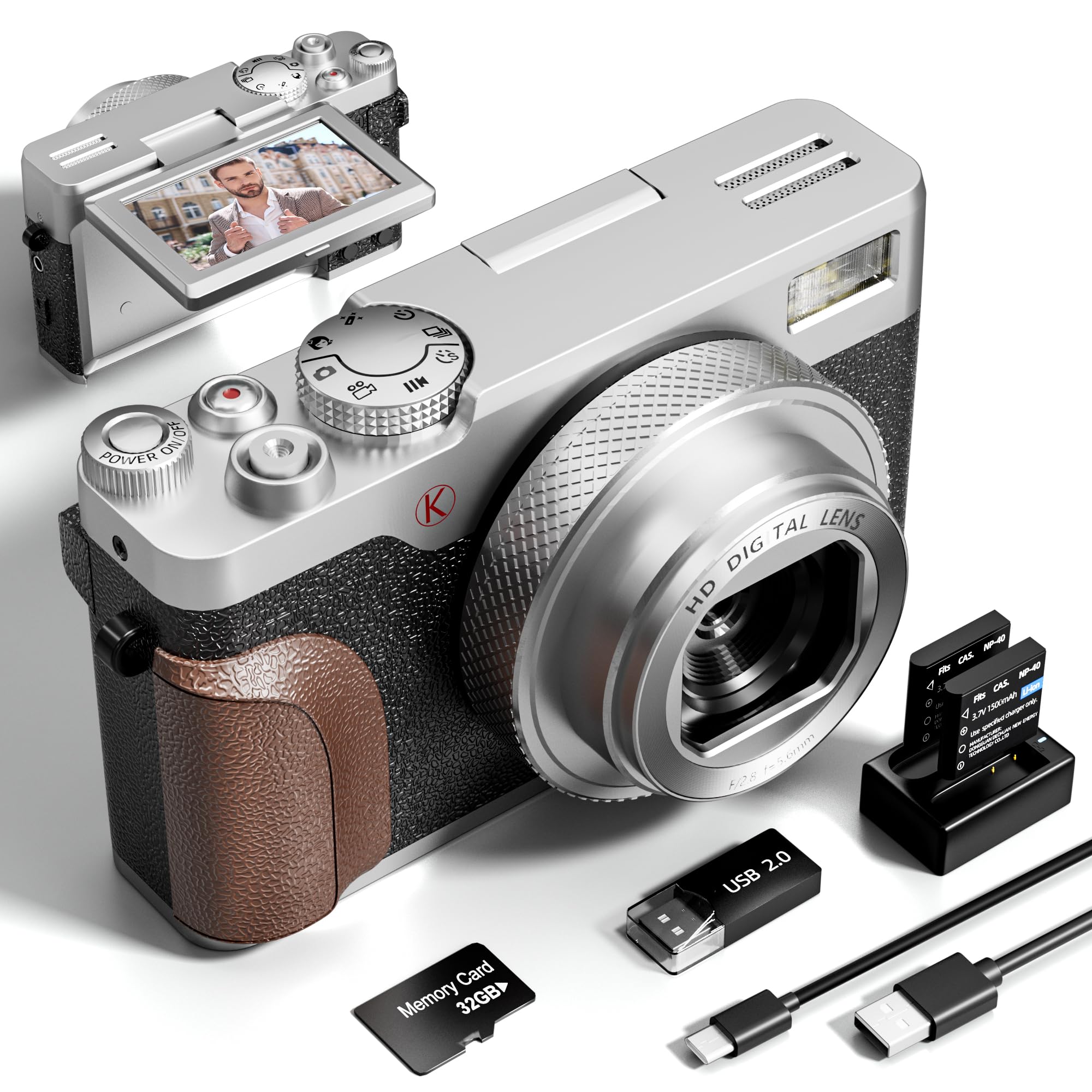56MP Digital Camera for Photography & 4K Video - 18X Zoom Anti-Shake Point and Shoot Camera with Autofocus, 32GB TF Card & 2 Batteries - Compact Travel Camera for Vlogging, Outdoor Adventures (K100 Silver)