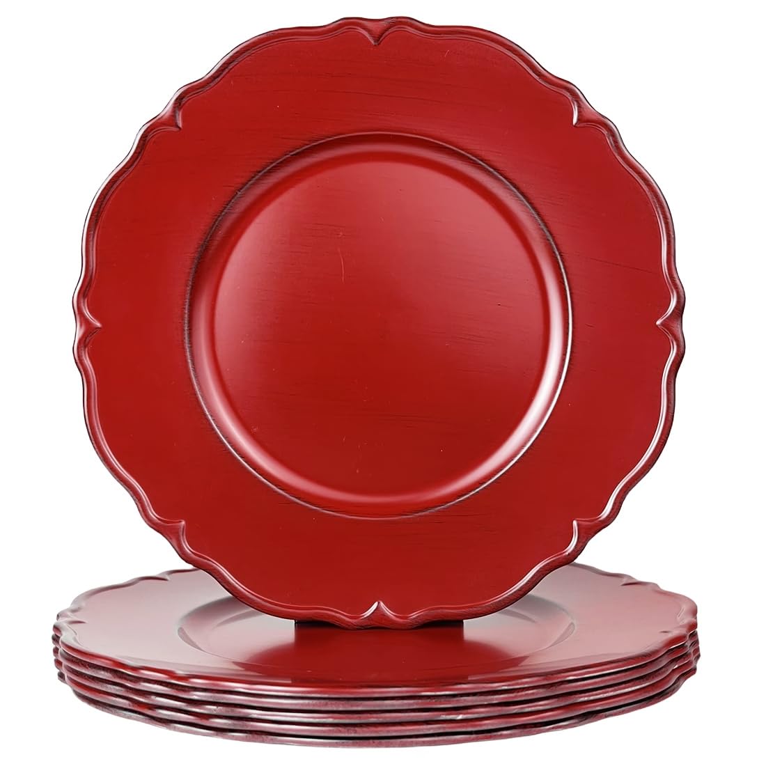Vintage Red Charger Plates Set of 6 - 13 Inch Decorative Plastic Dinner Plate Chargers for Weddings, Parties & Events - Elegant Tabletop Decor for Formal Dining & Special Occasions