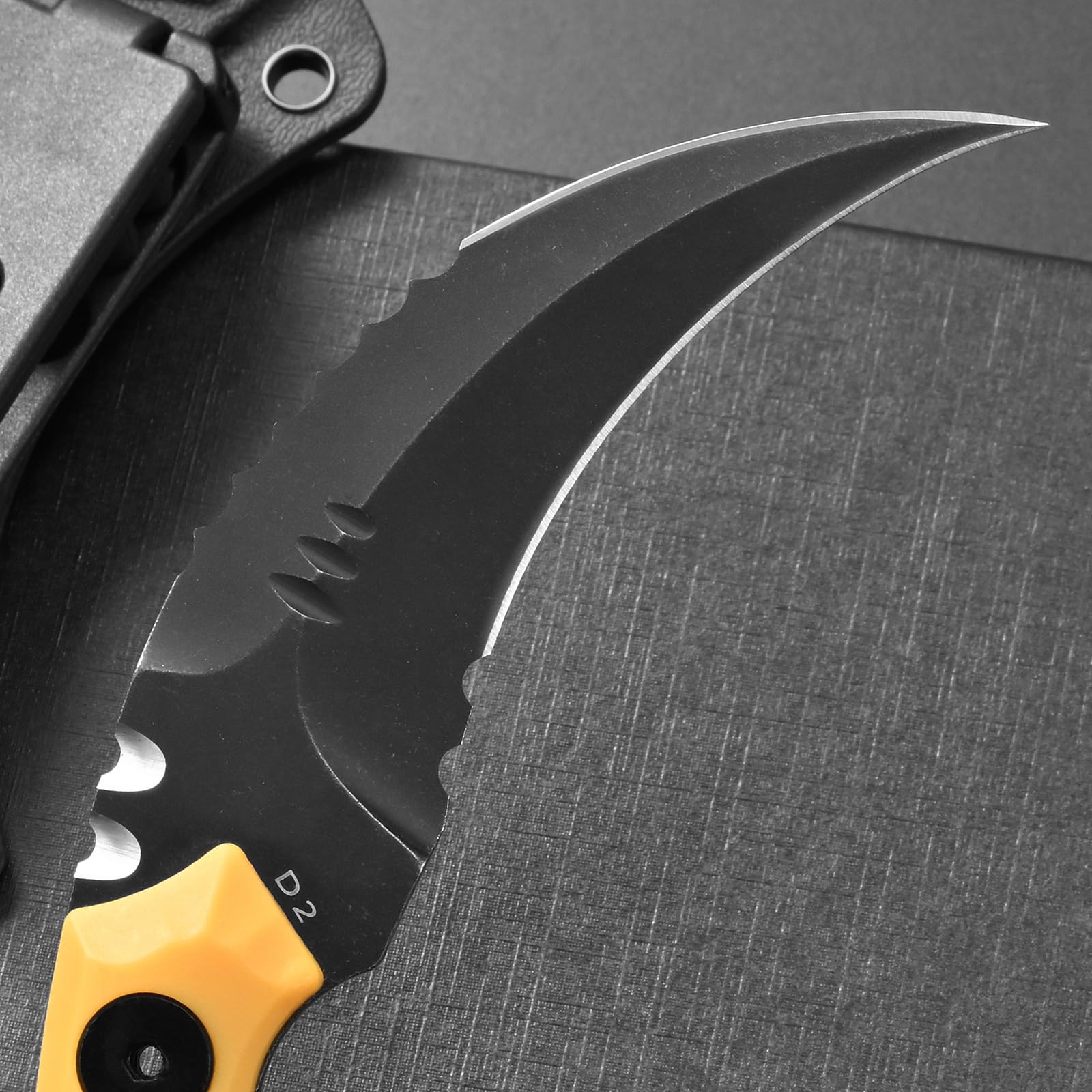 D2 Steel Fixed Blade Knife with Nylon Fiberglass Handle - Survival Claw Knife for Outdoor Camping, Hiking & EDC | Includes Kydex Sheath (Yellow) | Perfect for Bushcraft, Tactical Use & Wilderness Adventures