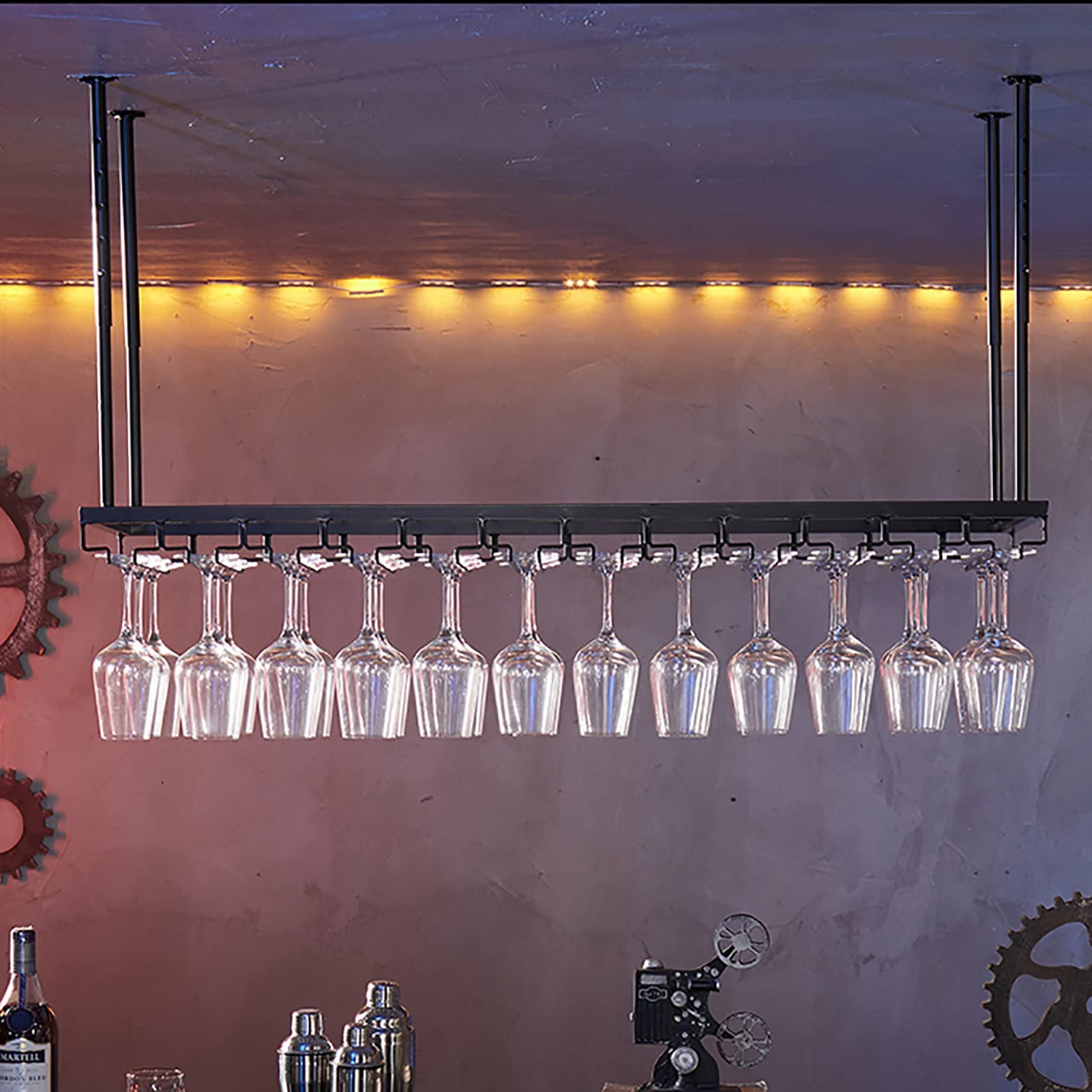 Industrial Hanging Wine Rack - Adjustable Ceiling Stemware Holder for Wine Glasses & Bottles, Metal Kitchen Bar Storage Shelf (80x35cm) - Perfect for Restaurants, Home Bars & Wine Cellars