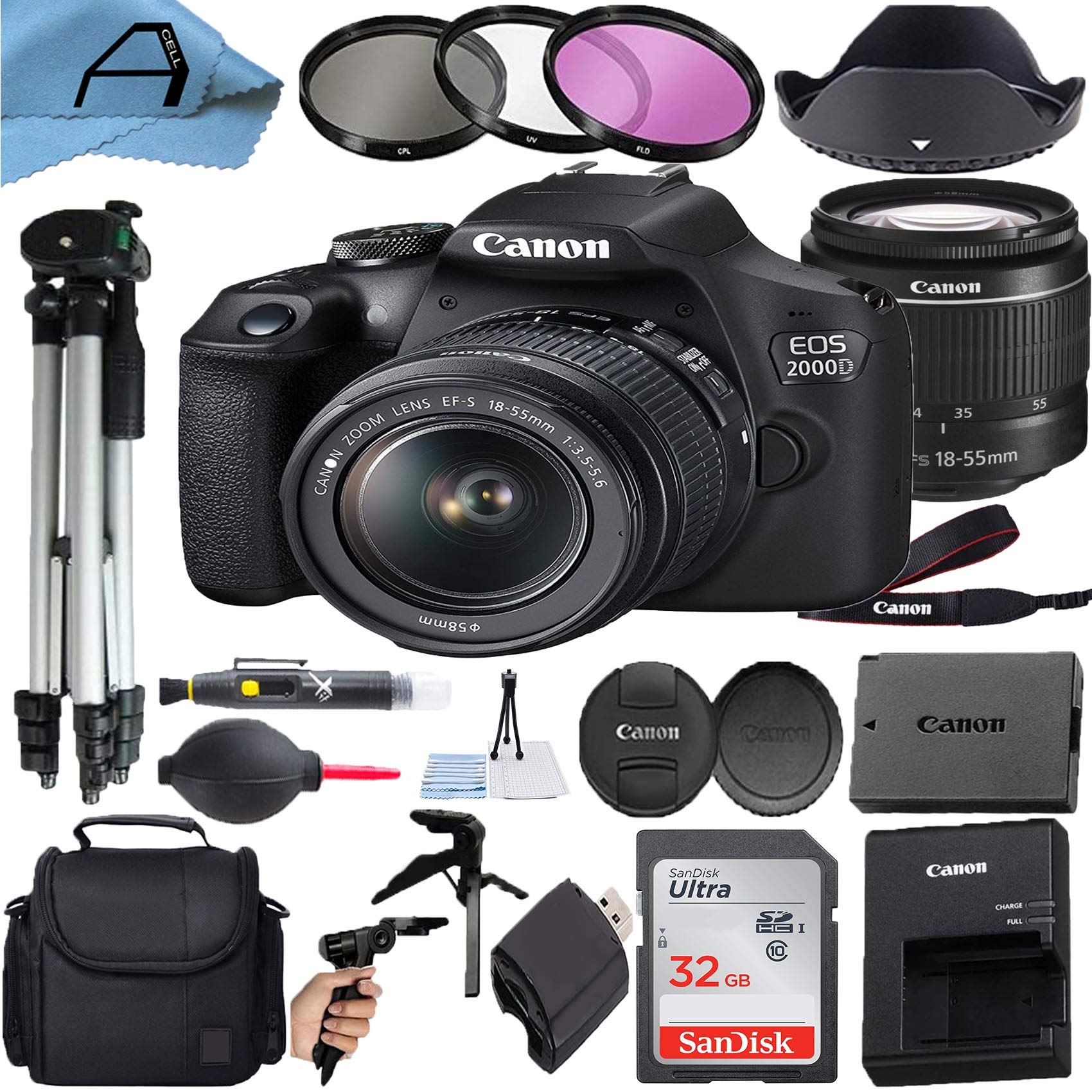 Canon EOS 2000D Rebel T7 DSLR Camera with 18-55mm Lens Kit - Includes 32GB SD Card, Tripod, Case & 3 Filters (Black) - Perfect for Beginners, Travel Photography & Vlogging