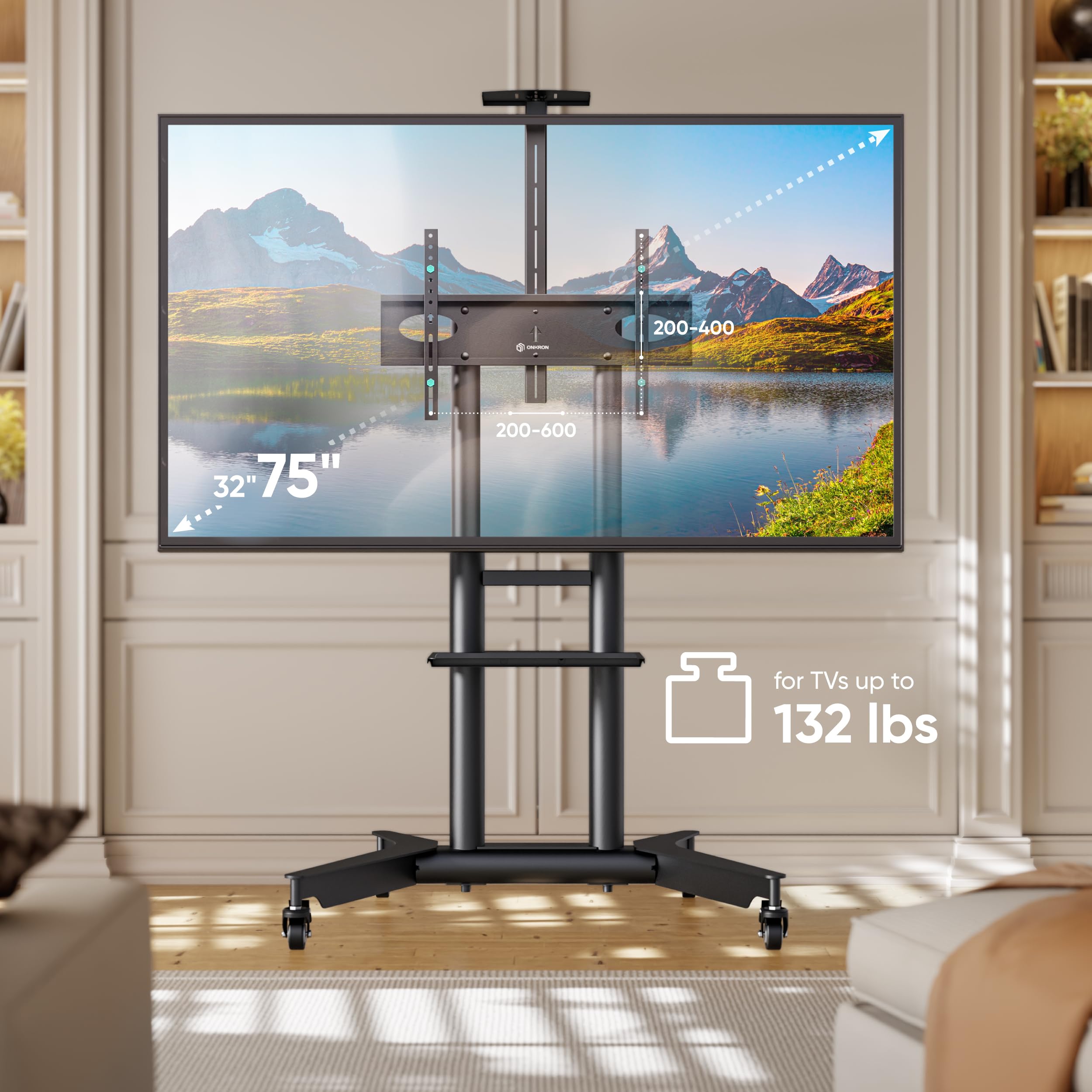 ONKRON Adjustable Height Mobile TV Stand on Wheels for 32-75 Inch TVs up to 132 lbs, Rolling TV Cart with Shelf - Portable TV Moving Stand for Living Room, Bedroom, Office (Black, Max VESA 600x400)