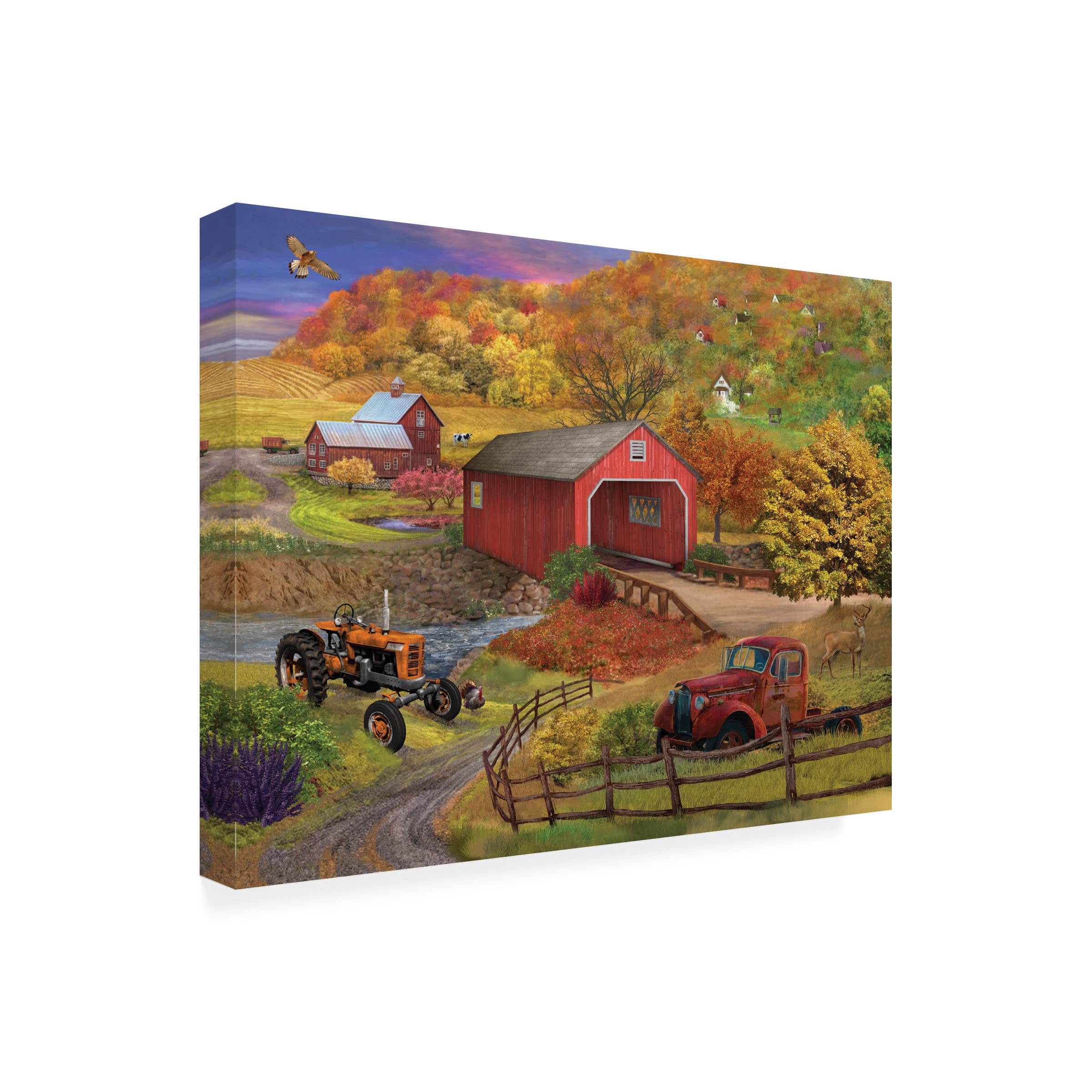 Trademark Fine Art 'Fall Bridge' Canvas Wall Art by Bigelow Illustrations - Autumn Landscape Painting for Living Room, Bedroom & Office Decor