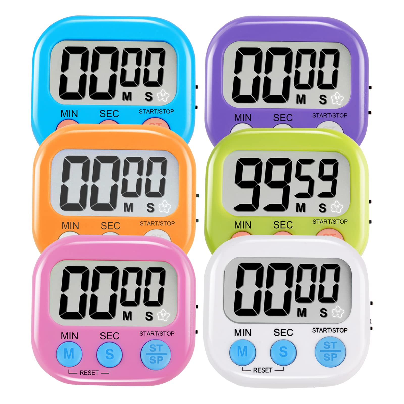 6 Pack Multi-Function Digital Timer with Magnetic Back - Large LCD Display, Loud/Silent Switch, Countdown Function for Kitchen, Gym, Office, Classroom & Home Use