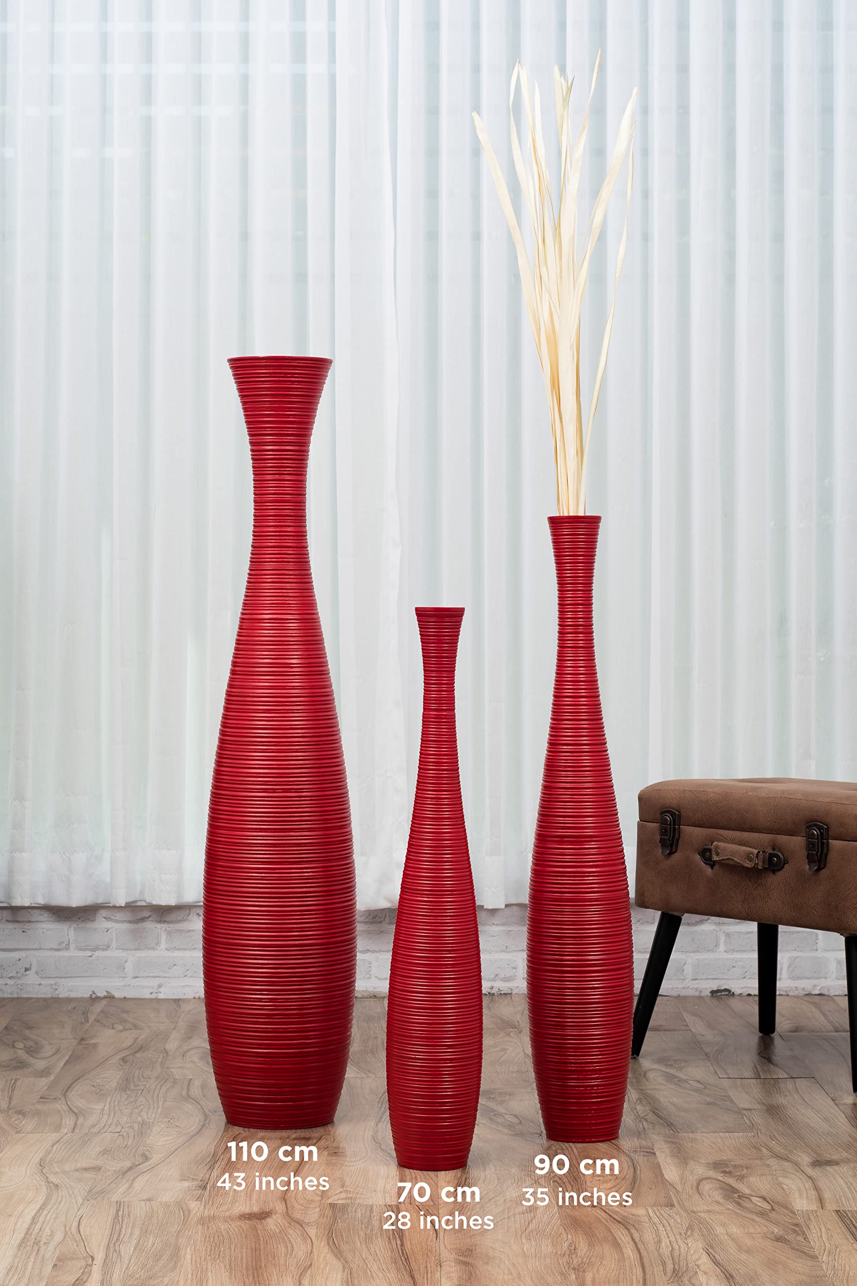 Leewadee 43 Inch Large Red Wooden Floor Vase - Farmhouse Home Decor for Flowers, Fake Plants & Pampas Grass - Perfect for Living Room, Entryway & Wedding Decor