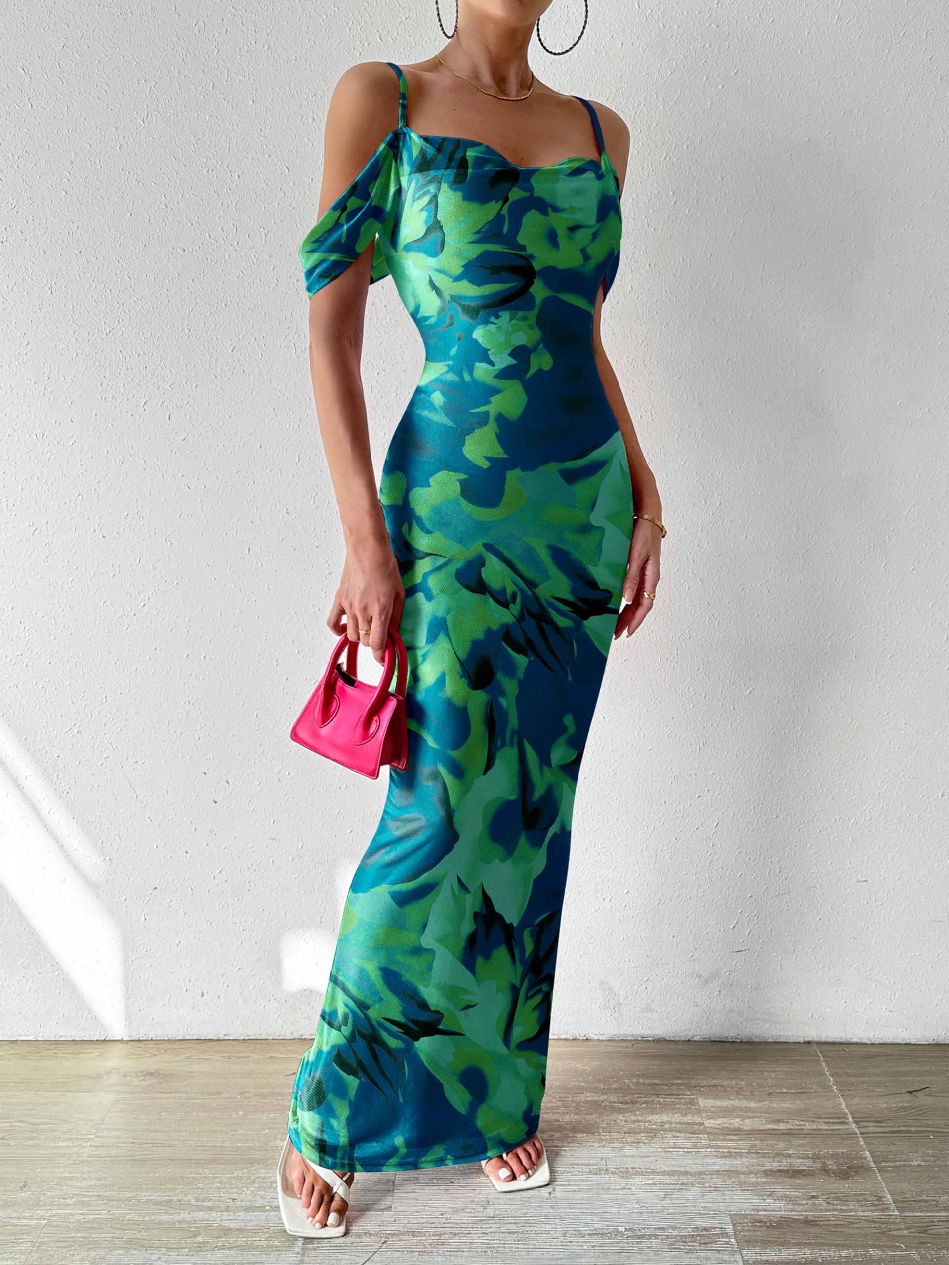 MASCOMODA Women's Floral Spaghetti Strap Long Maxi Dress - Sexy Backless Bodycon Formal Gown for Wedding Guest, Summer Party & Beach Vacation 2025