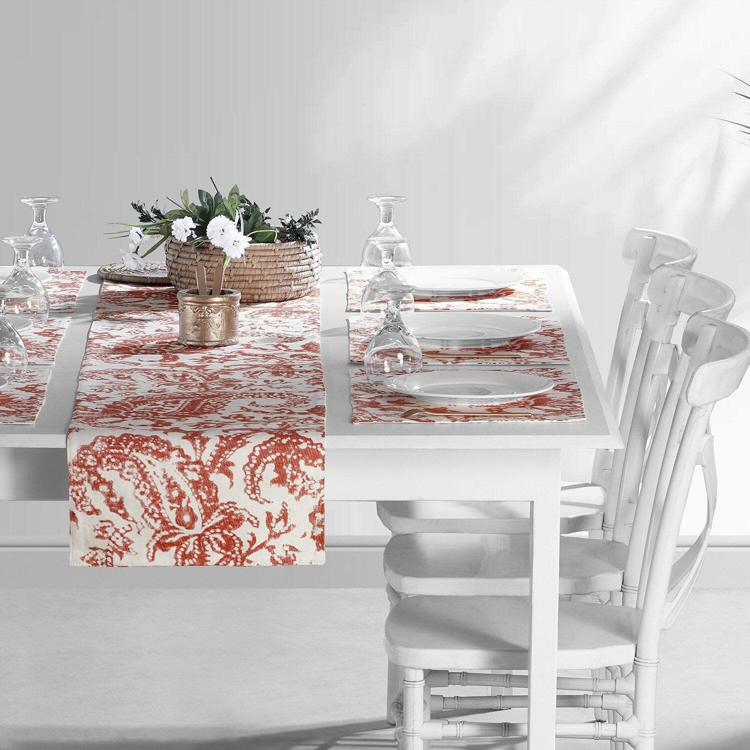 Edina Rust Paisley Printed Cotton Table Runner & Placemats Set - Elegant Dining Table Decor for Thanksgiving, Christmas, and Wedding Parties