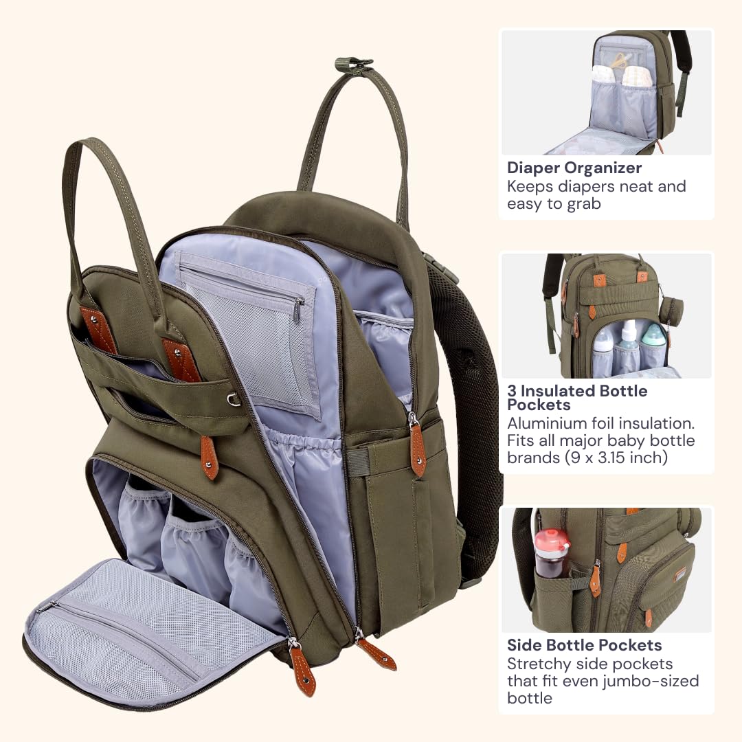 BabbleRoo Waterproof Diaper Backpack - Multifunctional Baby Travel Bag with Changing Pad, Stroller Straps & Pacifier Case - Unisex Army Green Diaper Bag for Parents | Perfect for Daycare, Travel & On-the-Go Parenting