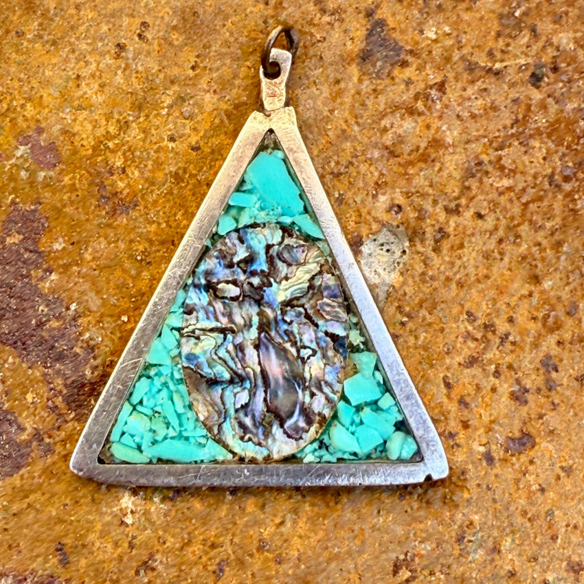 Vintage Sterling Silver Triangle Pendant with Abalone & Turquoise Mosaic - Handmade Boho Jewelry for Women, Perfect for Layering Necklaces & Everyday Wear
