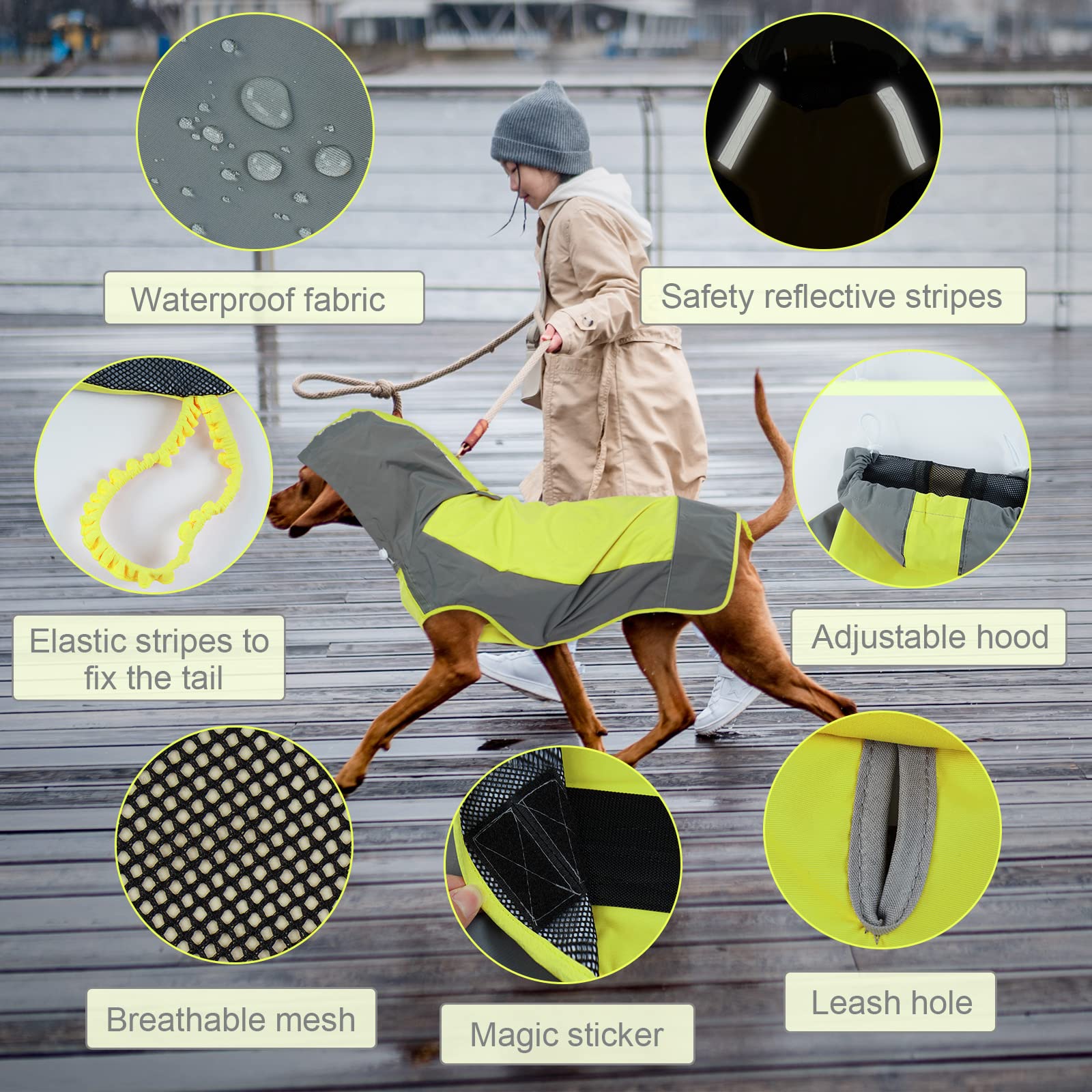 IECOii Waterproof Dog Raincoat with Reflective Stripes & Adjustable Hood - Lightweight Dog Rain Jacket with Magic Sticker for Medium & Large Dogs - Perfect for Walking in Rainy Weather & Nighttime Safety