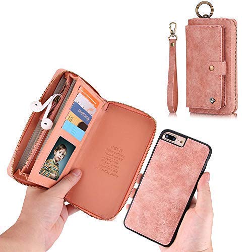 Premium Leather Wallet Case for iPhone 7 Plus/8 Plus - Magnetic Detachable Zipper Purse with 14 Card Slots & Money Pocket (Rose Gold) | Perfect for Business, Travel & Everyday Use