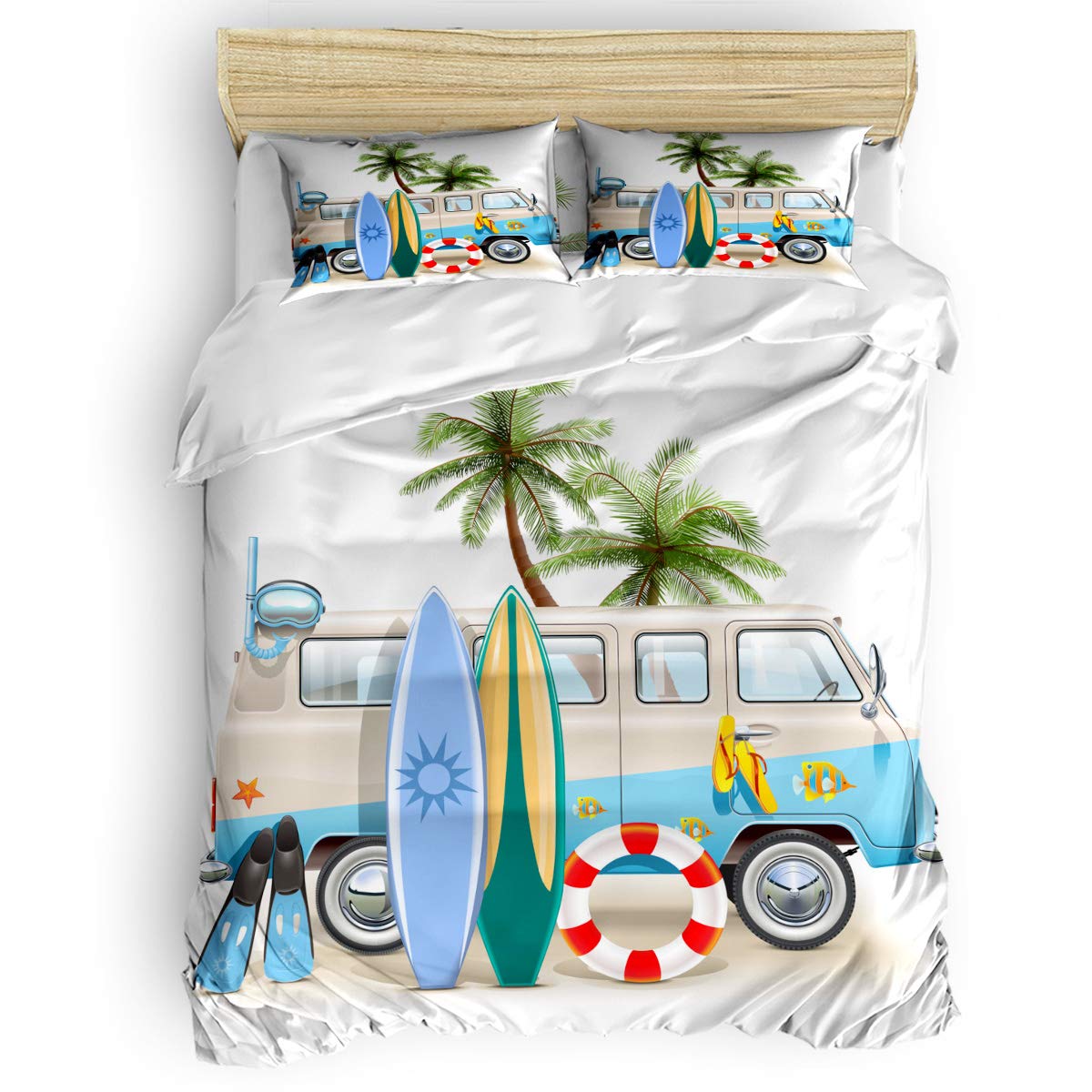 4-Piece Twin Size Beach Themed Duvet Cover Set - Surfboard, Diving Mask & Flip Flops Print - Soft All-Season Comforter Cover for Kids & Adults - Perfect for Beach House Decor, Teen Bedrooms & Vacation Home Styling