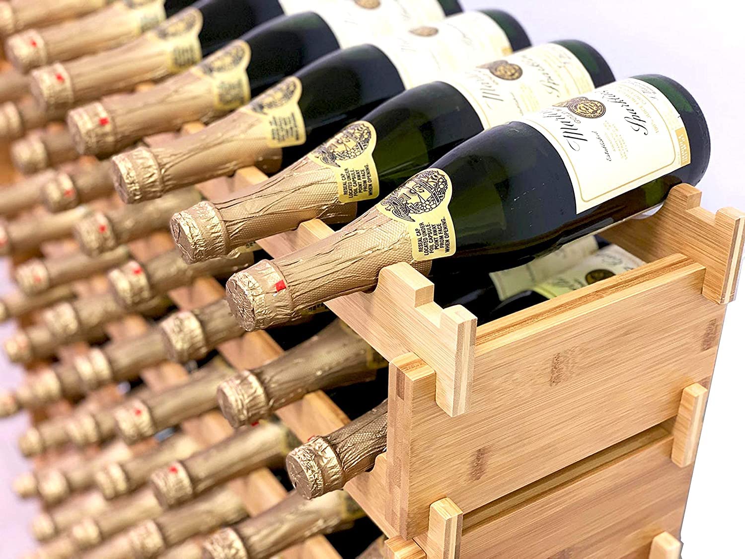 Stackable Bamboo Wine Rack - 72 Bottle Capacity, Modular Wine Storage Shelf with Wobble-Free Design for Home Bar, Kitchen or Cellar Organization - Solid Wood Display Holder (8-Tier)