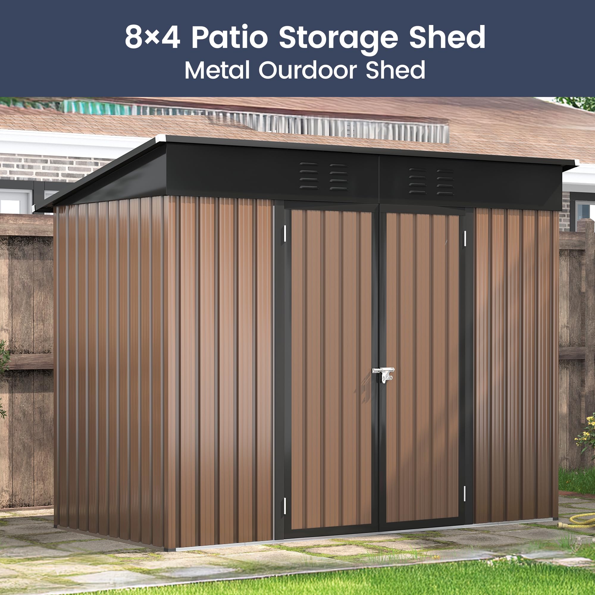 UDPATIO 8x4 FT Outdoor Storage Shed - Galvanized Steel Metal Yard Shed with Lockable Door for Patio, Lawn & Garden - Perfect for Storing Bikes, Lawnmowers, Generators & Tools (Brown)