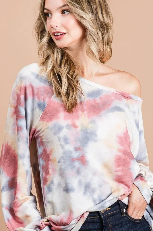 BiBi Tie Dye Print Terry Top With Puff Sleeves | Women's Fashion Casual Shirt | Perfect for Summer Outfits, Beach Wear & Music Festivals