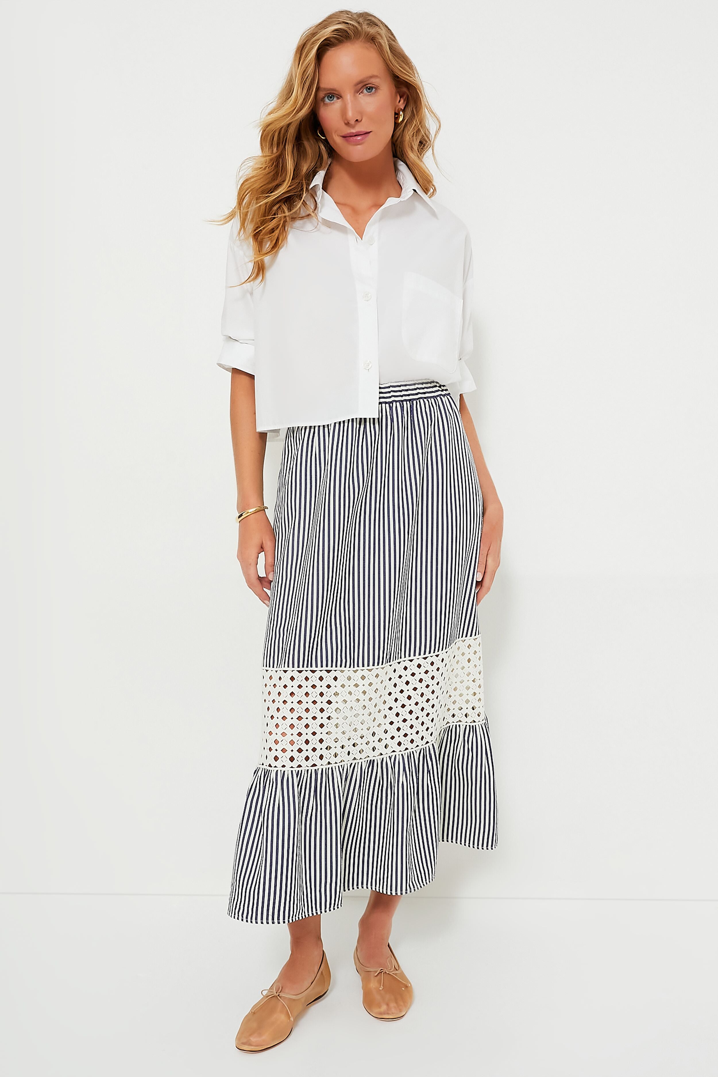 Blue Stripe Eyelet Hana Skirt - Floral Lace Summer Dress for Women | Perfect for Beach Vacations, Garden Parties & Boho Fashion