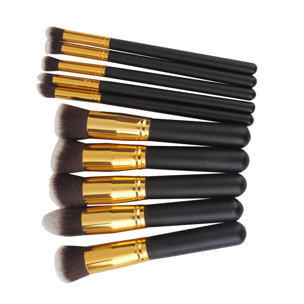 Premium 10-Piece Black & Gold Makeup Brush Set - Wooden Handle, Aluminum Tube & Fiber Bristles for Foundation, Blending & Eyeshadow Application | Professional Cosmetic Brush Collection for Makeup Artists & Beauty Enthusiasts