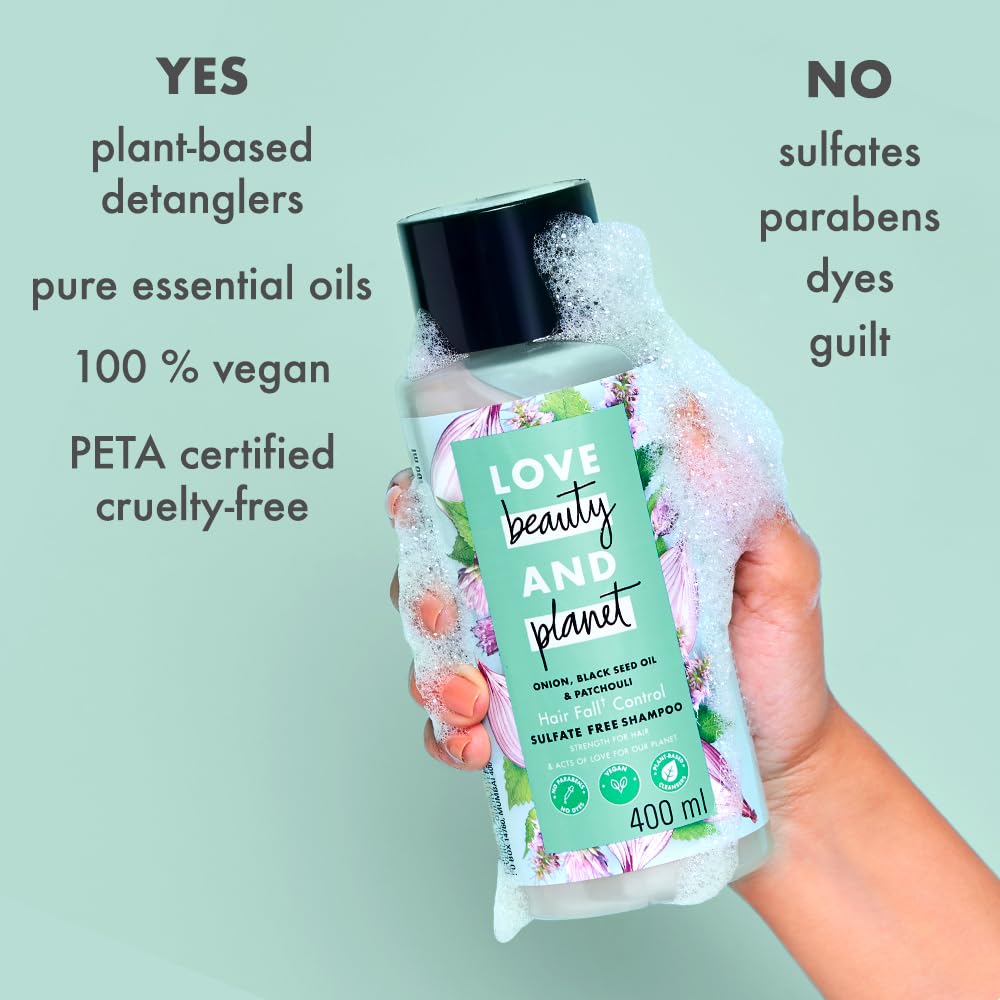 Love Beauty & Planet Sulfate-Free Shampoo with Onion Oil, Blackseed Oil & Patchouli for Hair Fall Control – Paraben & Dye Free, 200ml – Ideal for Thinning Hair & Scalp Care