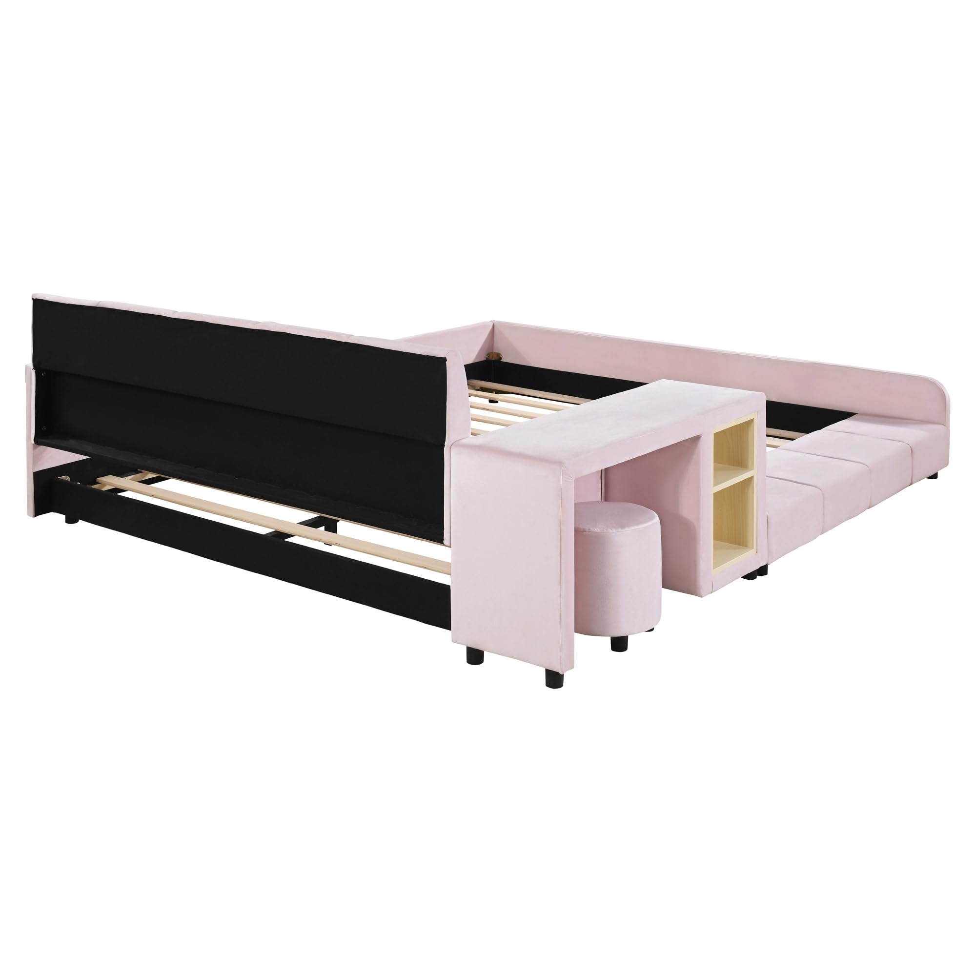 Velvet Upholstered Queen Size Platform Bed Frame with Bedside Desk & Stool - Wooden Floor Bed for Kids & Adults - Pink Bedroom Furniture for Small Spaces & Cozy Sleeping