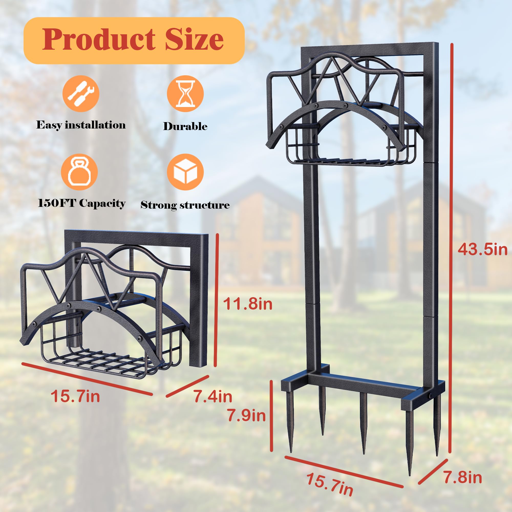 Heavy Duty Outdoor Metal Garden Hose Holder Stand with Basket - Freestanding Water Hose Reel for 150ft Hose, 5 Ground Spikes - Perfect for Yard, Lawn & Garden Watering (Black)