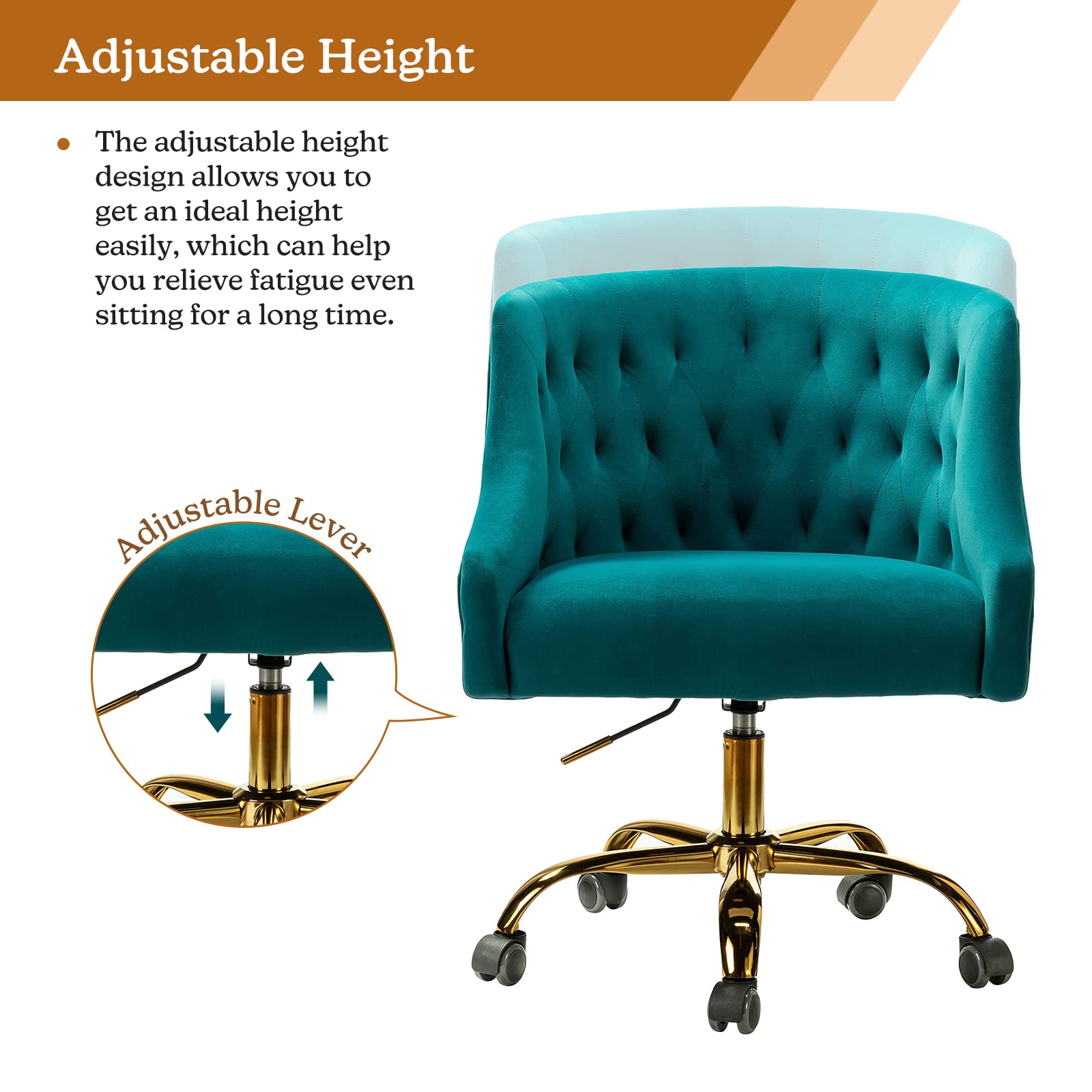 Luxury Velvet Home Office Chair with Gold Base - Adjustable Swivel Task Chair for Women, Modern Ergonomic Desk Chair for Living Room, Bedroom & Study - Soft Turquoise Velvet Seat - Perfect for Working from Home, Gaming & Vanity Areas