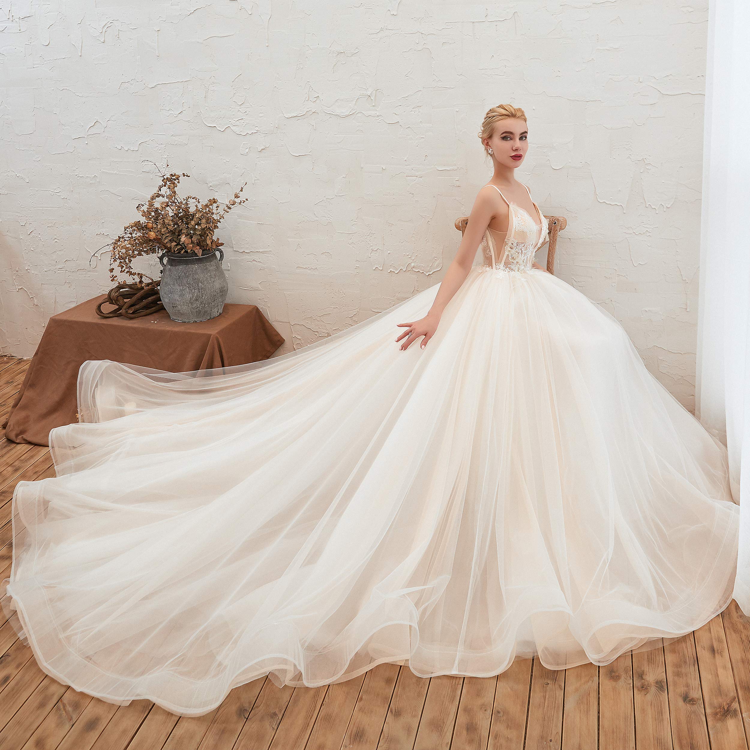 Elegant Women's Spaghetti Straps Beaded Applique Tulle Beach Wedding Dress - Perfect for Beach Ceremonies, Destination Weddings & Summer Bridal Gowns