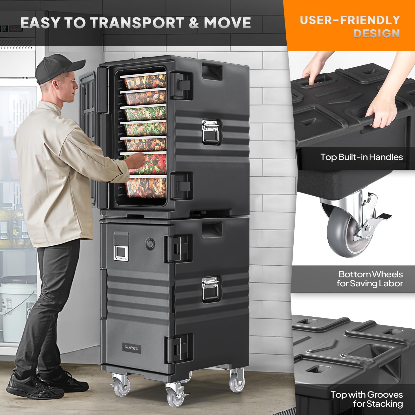 ROVSUN Insulated Food Warmer with Lockable Wheels - Stackable Hot Box Carrier for Catering, Restaurants & Parties - Double Buckles & Handles for Secure Transport - Perfect for Buffets, Outdoor Events & Food Delivery Services