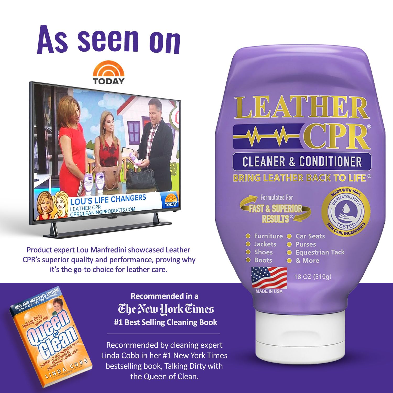 Premium Leather CPR Cleaner & Conditioner - USA Made, Restores & Protects Couches, Purses, Shoes, Jackets & Car Interiors - 18oz Leather Care Kit for Home & Auto Use