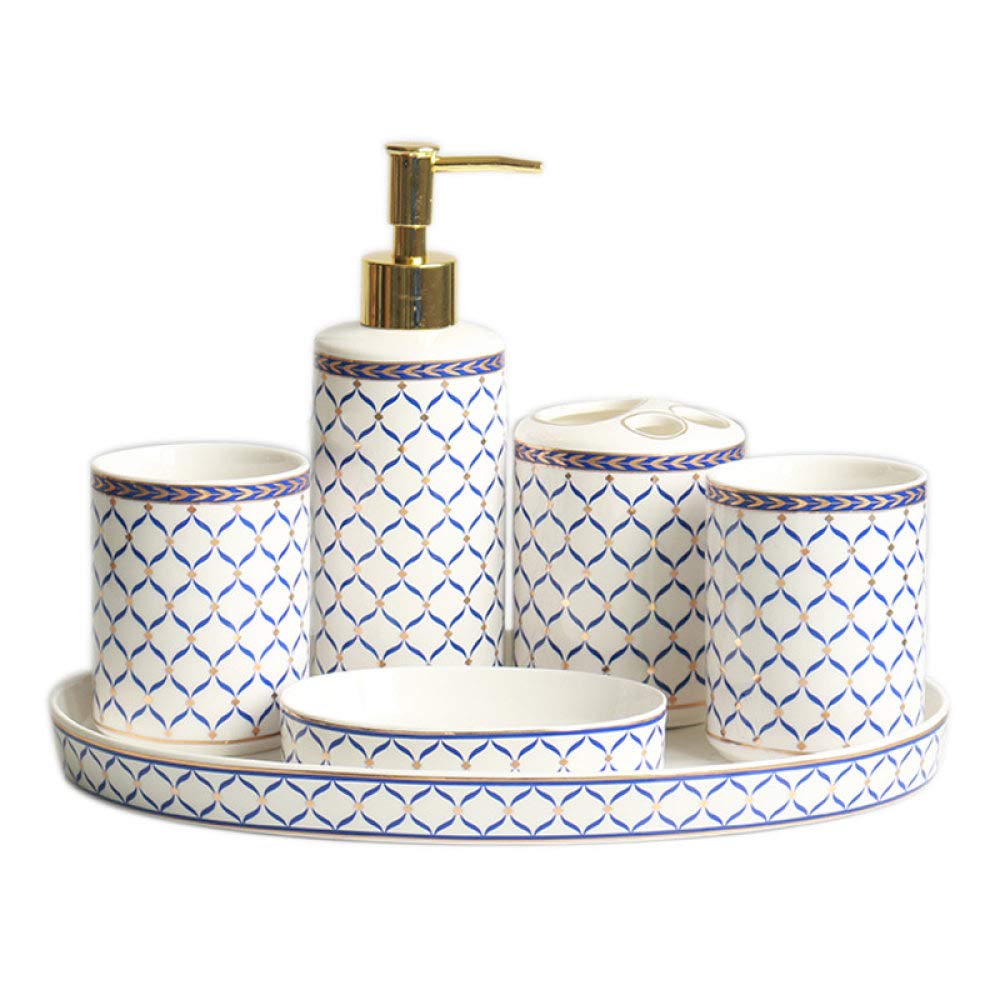 Vintage Ceramic Bathroom Accessories Set - 6 Piece Blue Wave White Soap Dispenser, Vanity Tray, Toothbrush Holder, Soap Dish & 2 Tumblers - Elegant Bathroom Decor for Home, Hotel & Spa - Perfect for Modern, Coastal & Farmhouse Style Bathrooms