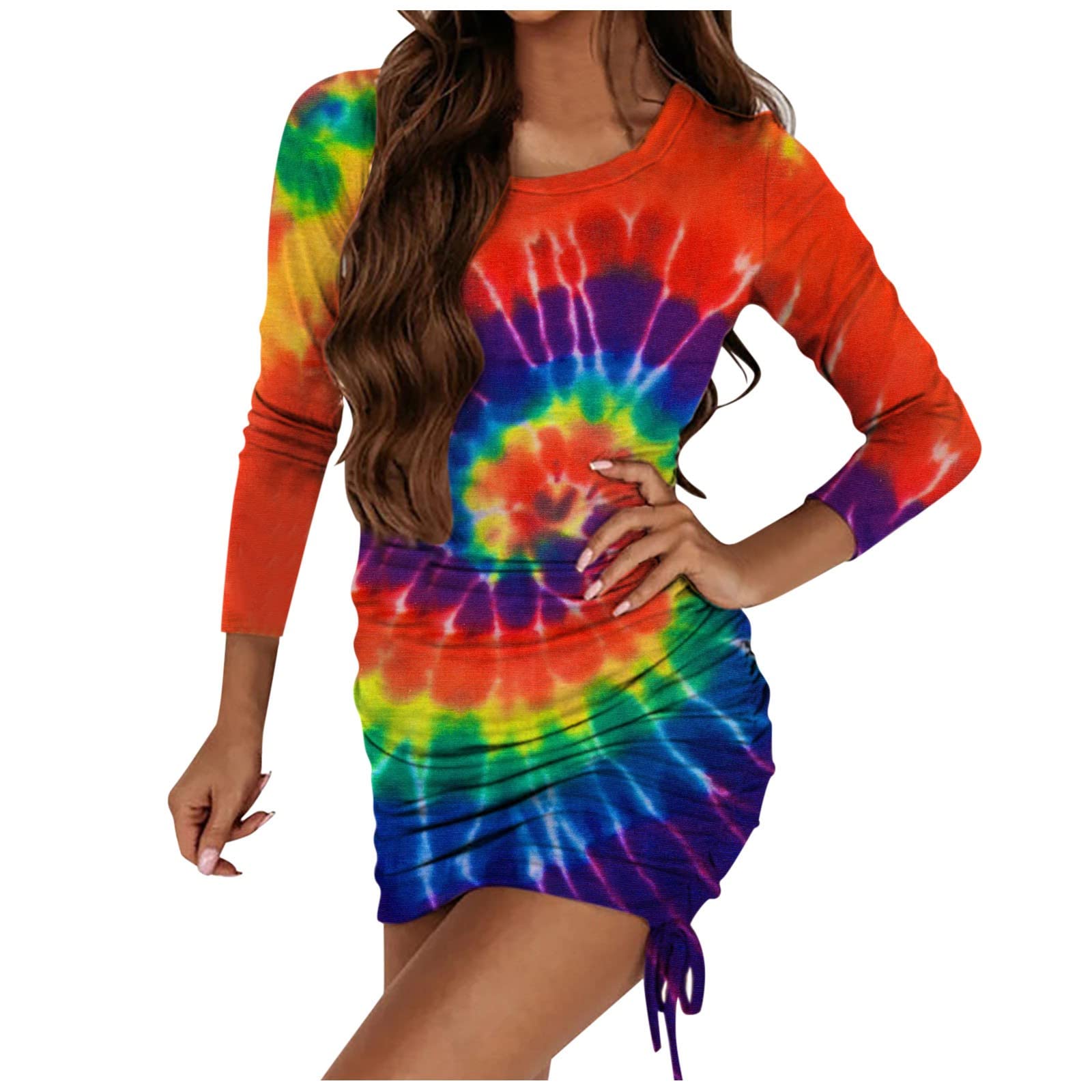 Women's Summer Casual Dress - Fitted Crewneck Gradient Tie-Dye Stretch Midi Dress with Side Drawstring | Beachwear, Vacation Outfit, Pool Party Dress
