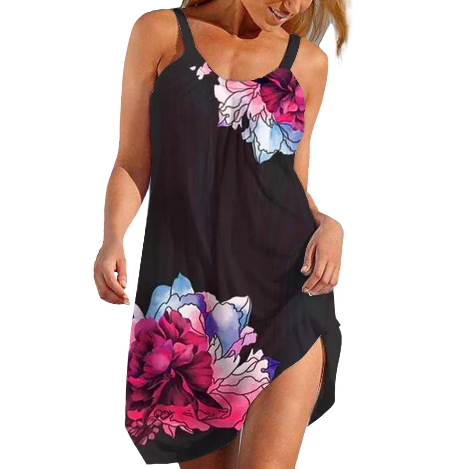 BLUKIDS Women's Sleeveless Boho Floral Print Beach Dress - Summer Round Neck Flowy Swing Mini Dress for Casual Outings, Vacations & Beach Parties