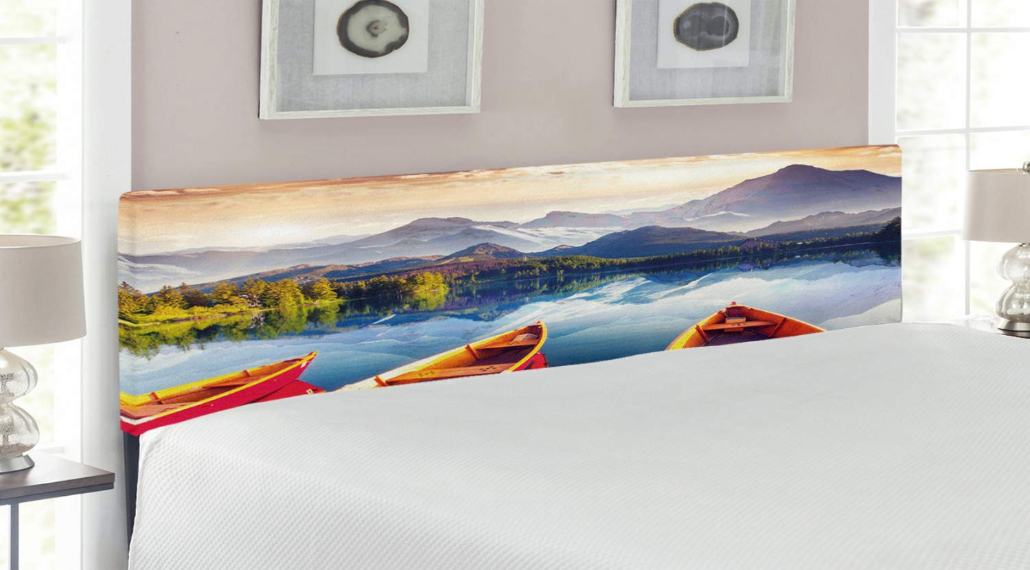 Ambesonne Nature Headboard - Majestic Mountain & Lake Landscape with Boats, Upholstered Metal Bed Frame with Memory Foam, King Size, Multicolor - Perfect for Bedroom Decor & Cozy Cabin Retreats