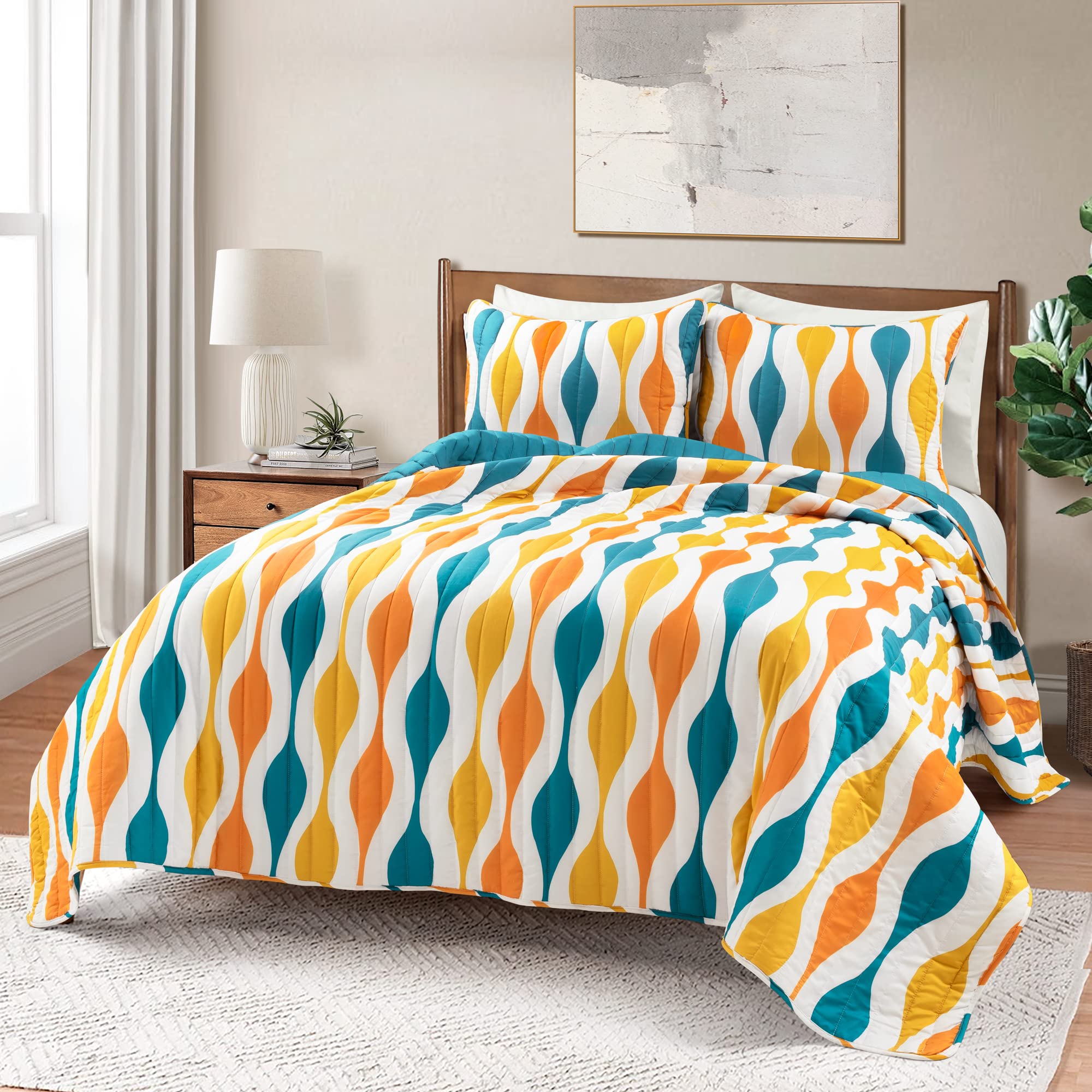 Mid Century Geo Quilt Set - Full/Queen, Turquoise & Orange for Modern Bedroom