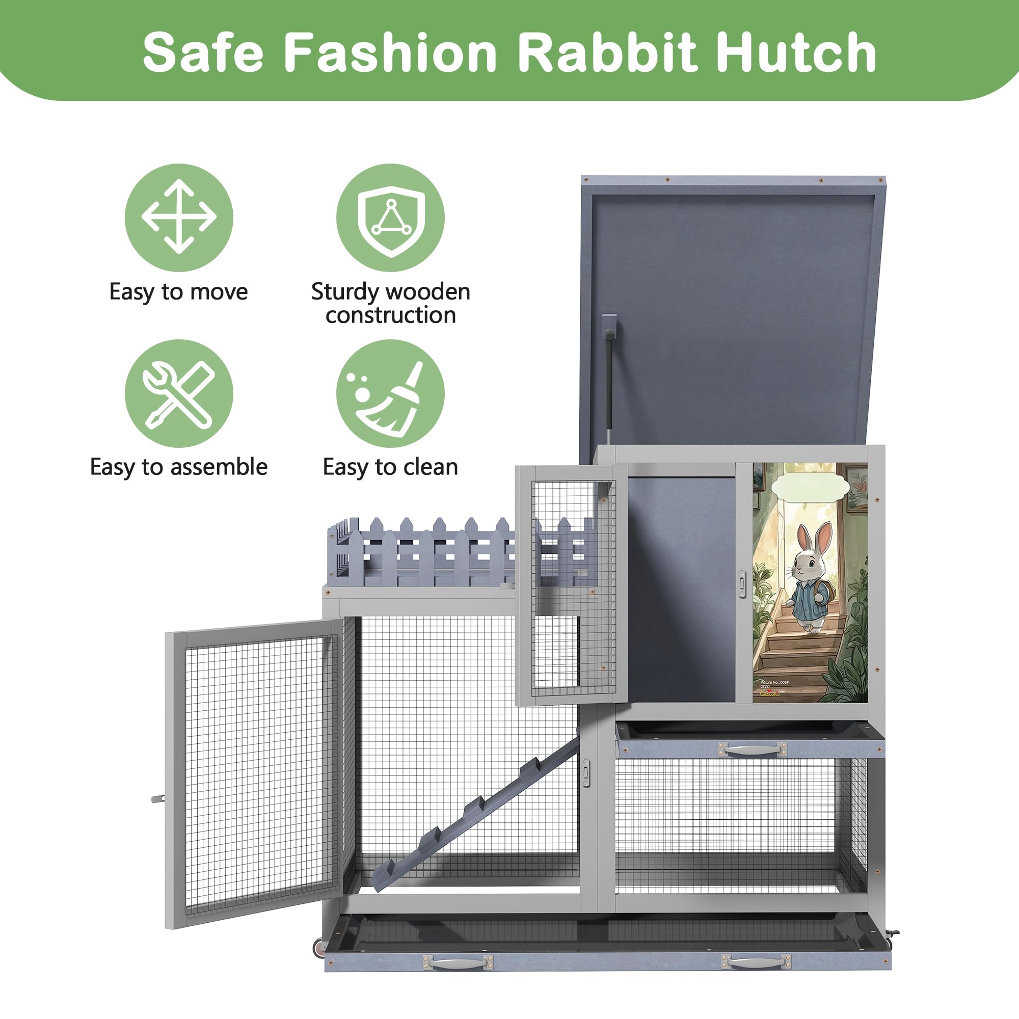 Premium Wooden Rabbit Hutch with Balcony - Indoor/Outdoor Bunny Cage on Wheels for Small Pets, Includes Ramp, Pull-Out Tray & Water Bottle (Grey Pattern) - Perfect for Backyard, Patio or Home Decor