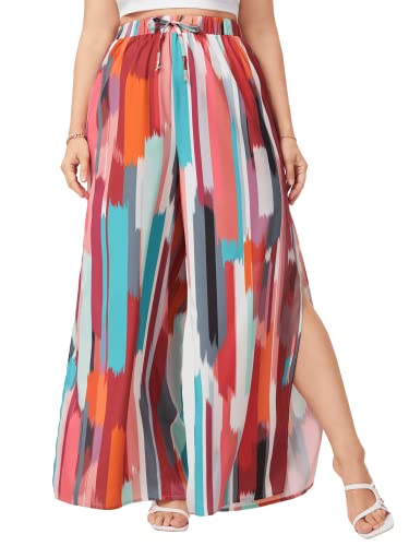 WDIRARA Women's Plus Size Floral Print High Waist Lounge Pants with Drawstring & Side Slits - Comfortable Wide Leg Palazzo Pants for Casual Wear, Yoga, and Travel