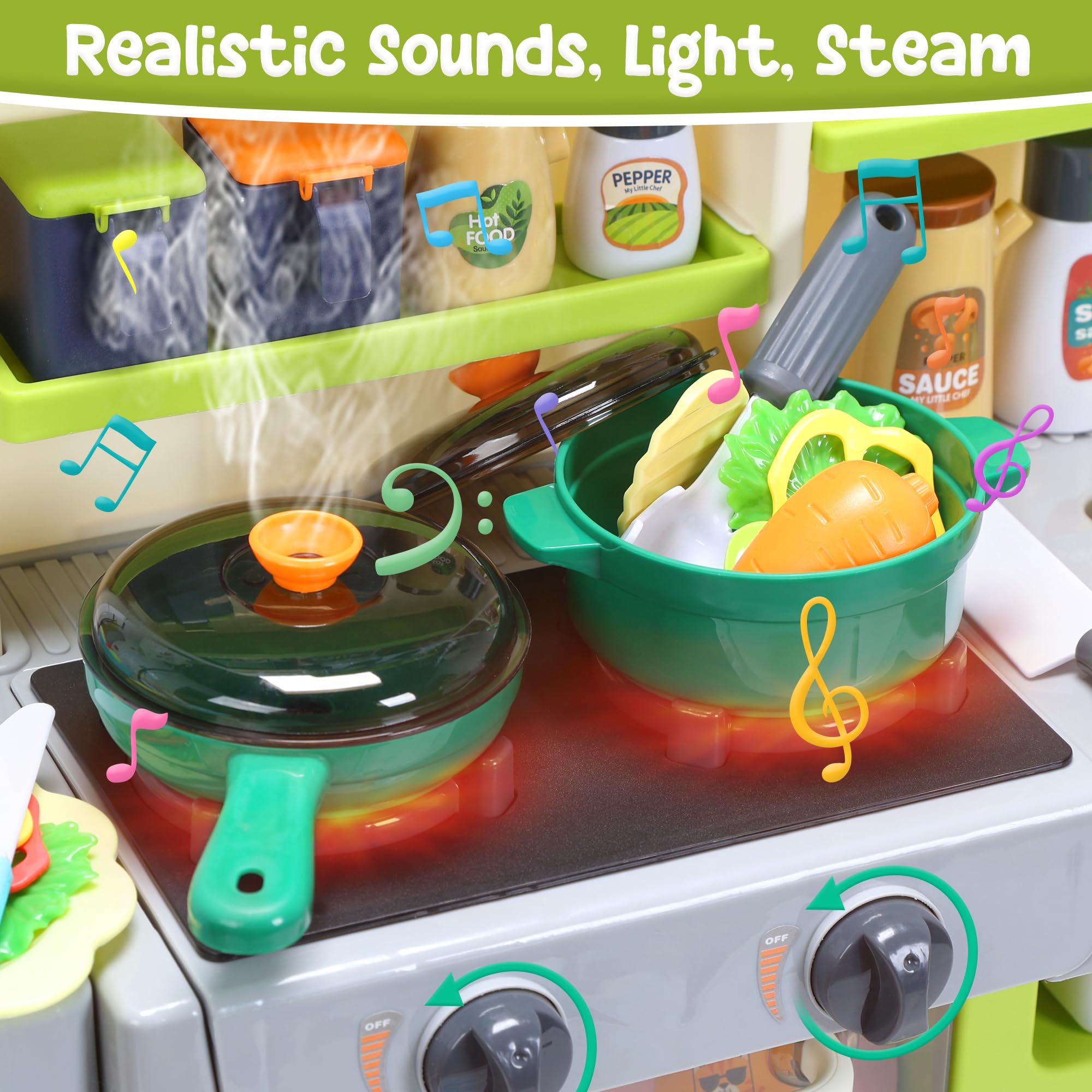 HOLYFUN Kids Kitchen Playset with Sounds, Lights, & Steam - Pretend Play Cooking Stove, Sink & Food - Green Toy Kitchen Set for Toddlers - Perfect for Home, Preschool & Playdates