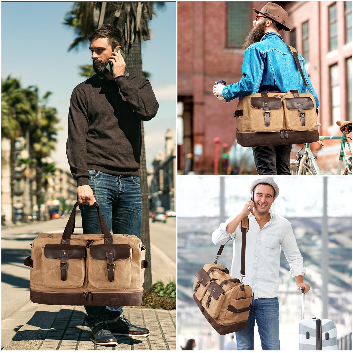 ETRONIK Vintage Waterproof Canvas Leather Travel Duffle Bag for Men - Weekender Overnight Carry-on Luggage with Wet Pocket & Shoe Compartment, Adjustable Strap - Perfect for Airplane Travel, Gym, Camping & Weekend Getaways