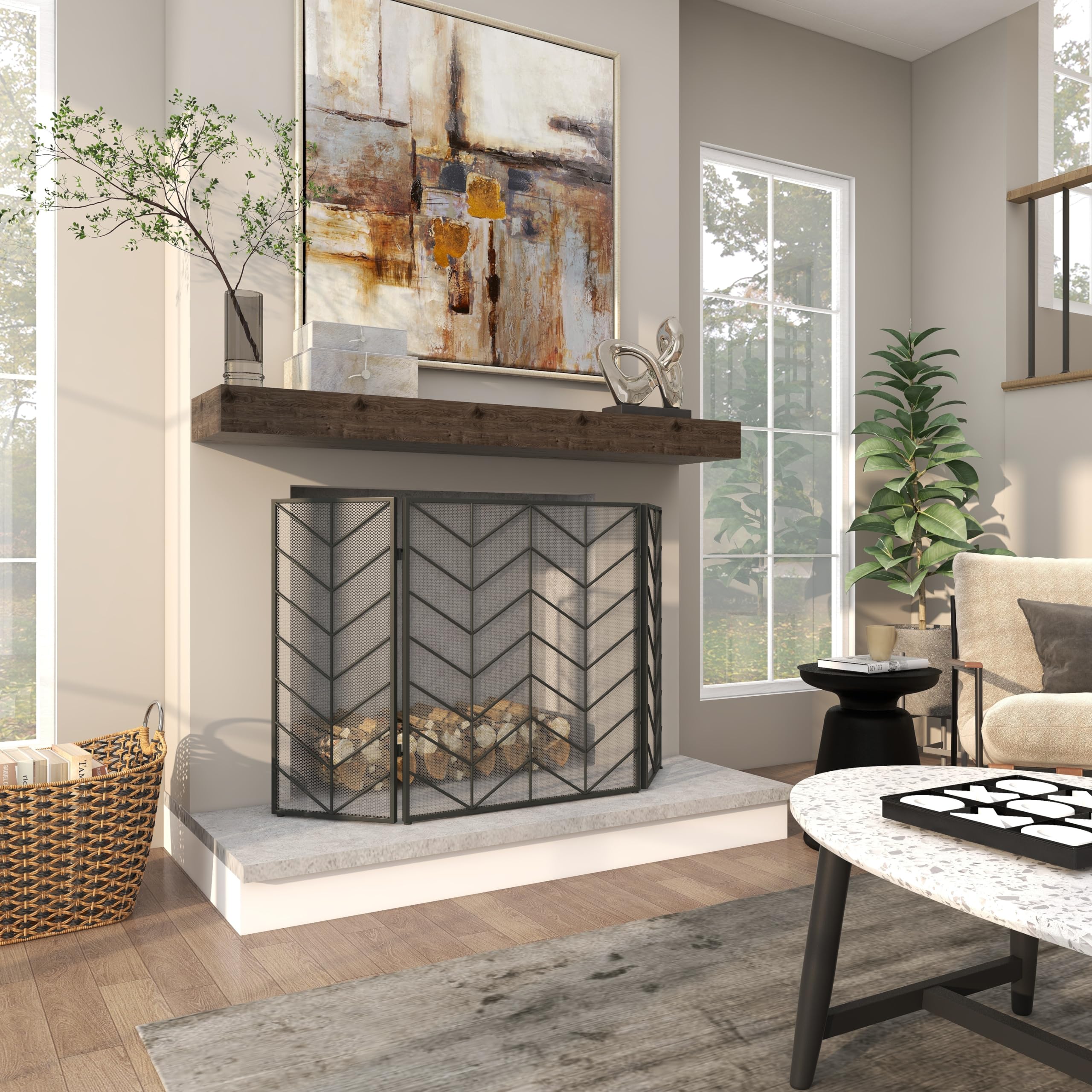 Deco 79 Black Metal Geometric Fireplace Screen - 52