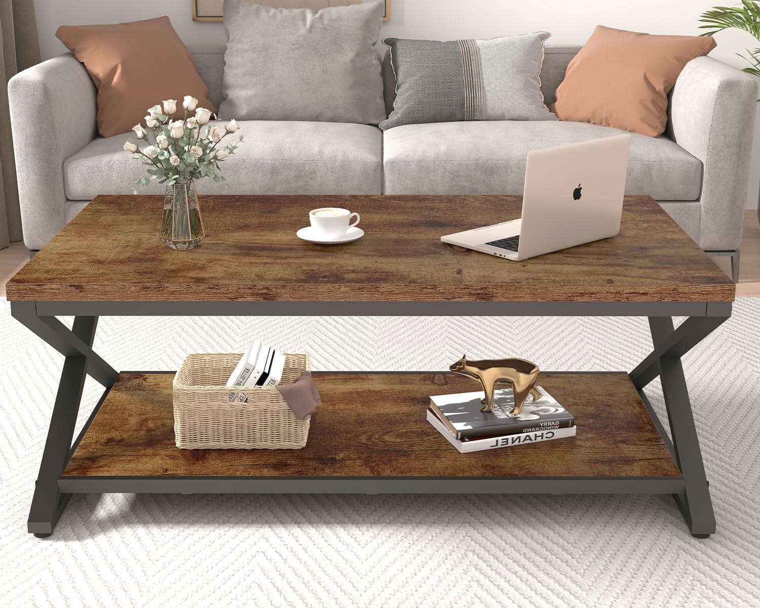 HSH Rustic Brown Wood Coffee Table with Storage - 39 Inch Modern Farmhouse 2-Tier Center Table for Living Room, Home Office & Bedroom | Rectangle Cocktail & Tea Table for Minimalist Decor & Small Space Organization
