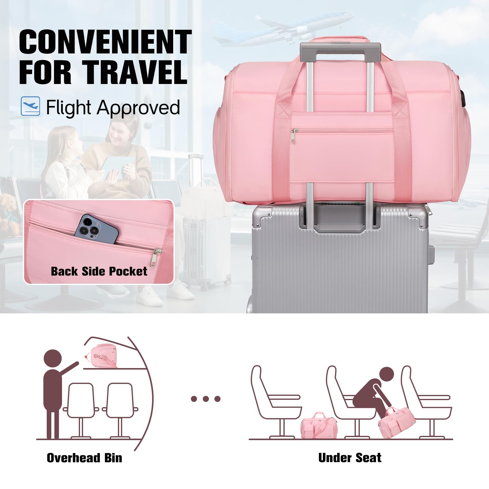 2 in 1 Convertible Travel Garment Bag - Foldable Carry On Duffle Backpack with Shoe Compartment & Toiletry Bag | Hanging Suit Bags for Men & Women | Perfect for Business Trips, Weddings & Airplane Travel (Pink)