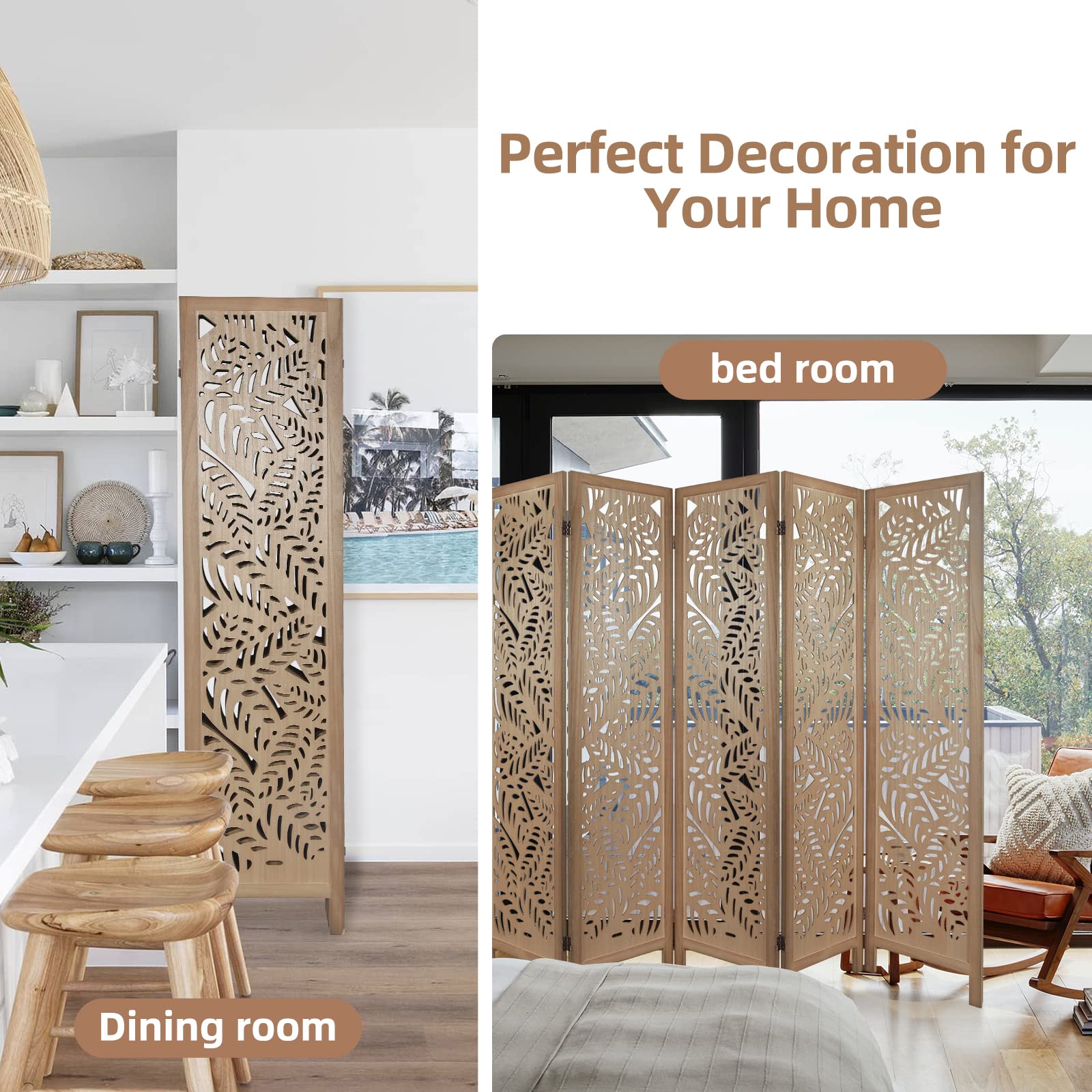 6 Panel Wooden Room Divider with Leaf Pattern - Hand Carved Folding Privacy Screen, Freestanding Partition for Home Decor, Bedroom, Office & Studio - Natural Home Decoration & Space Separator