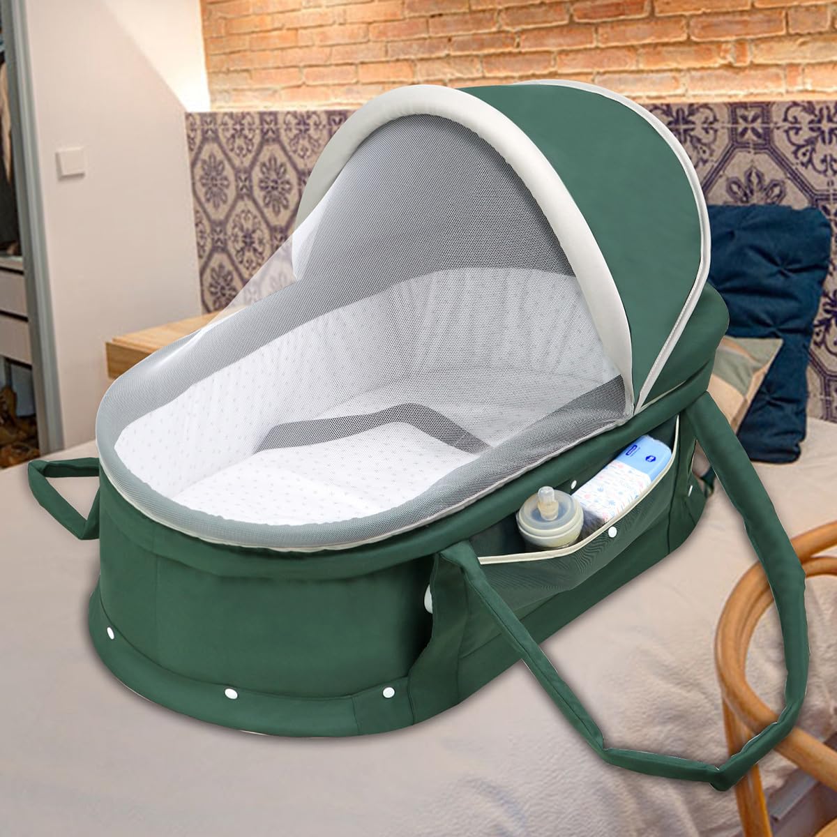 Portable Baby Bassinet for Travel - 2-in-1 Canopy Mini Crib & Co-Sleeper Bed for Newborns & Infants | Lightweight, Foldable & Safe | Perfect for Home, Nursery, Camping & Airplane Travel (Green)