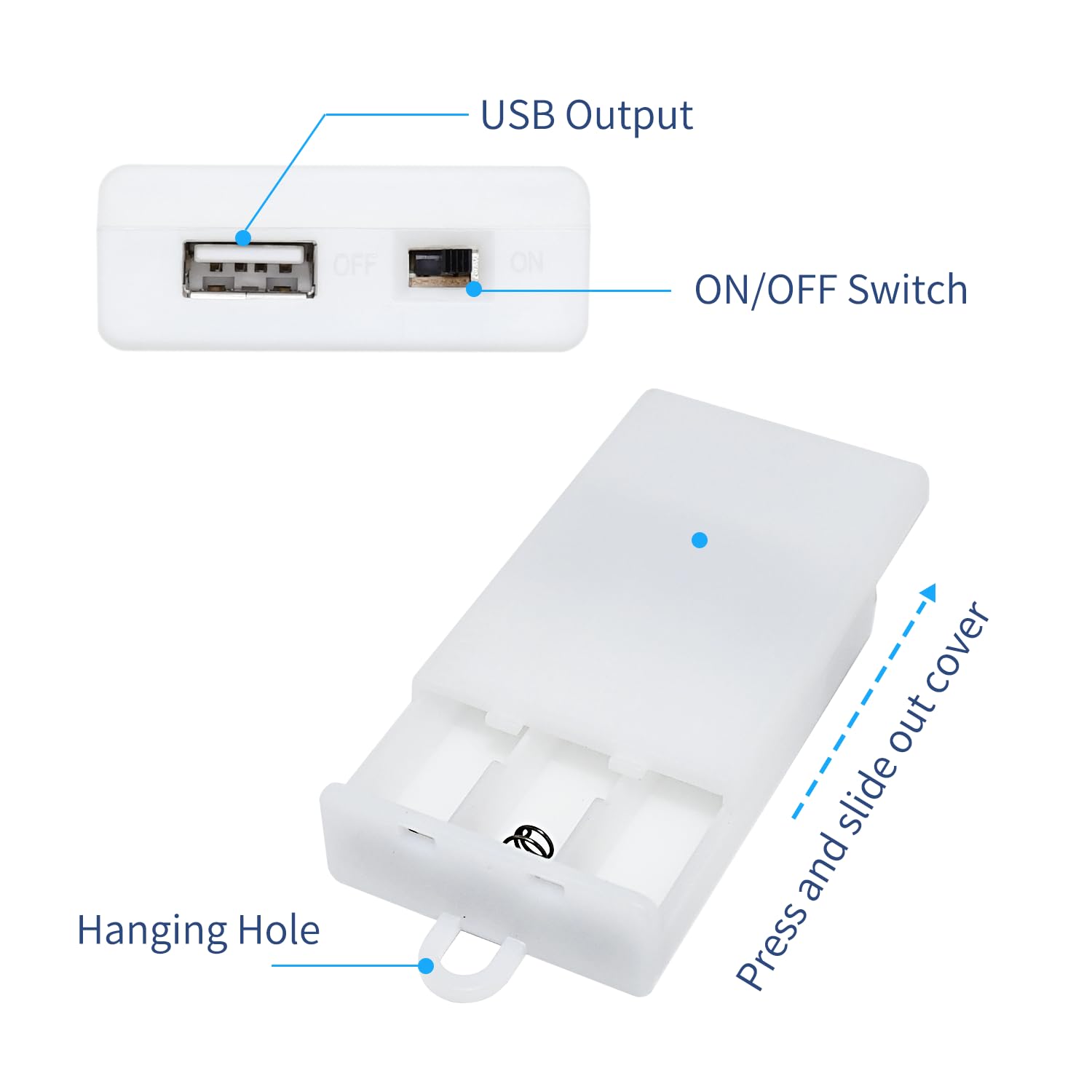 3 AA Battery Case with USB Female Socket - White Battery Box Holder for 5V LED Strip Lights, Fairy String & Curtain Lights - Perfect for Christmas Decorations, DIY Lighting Projects & Home Party Decor
